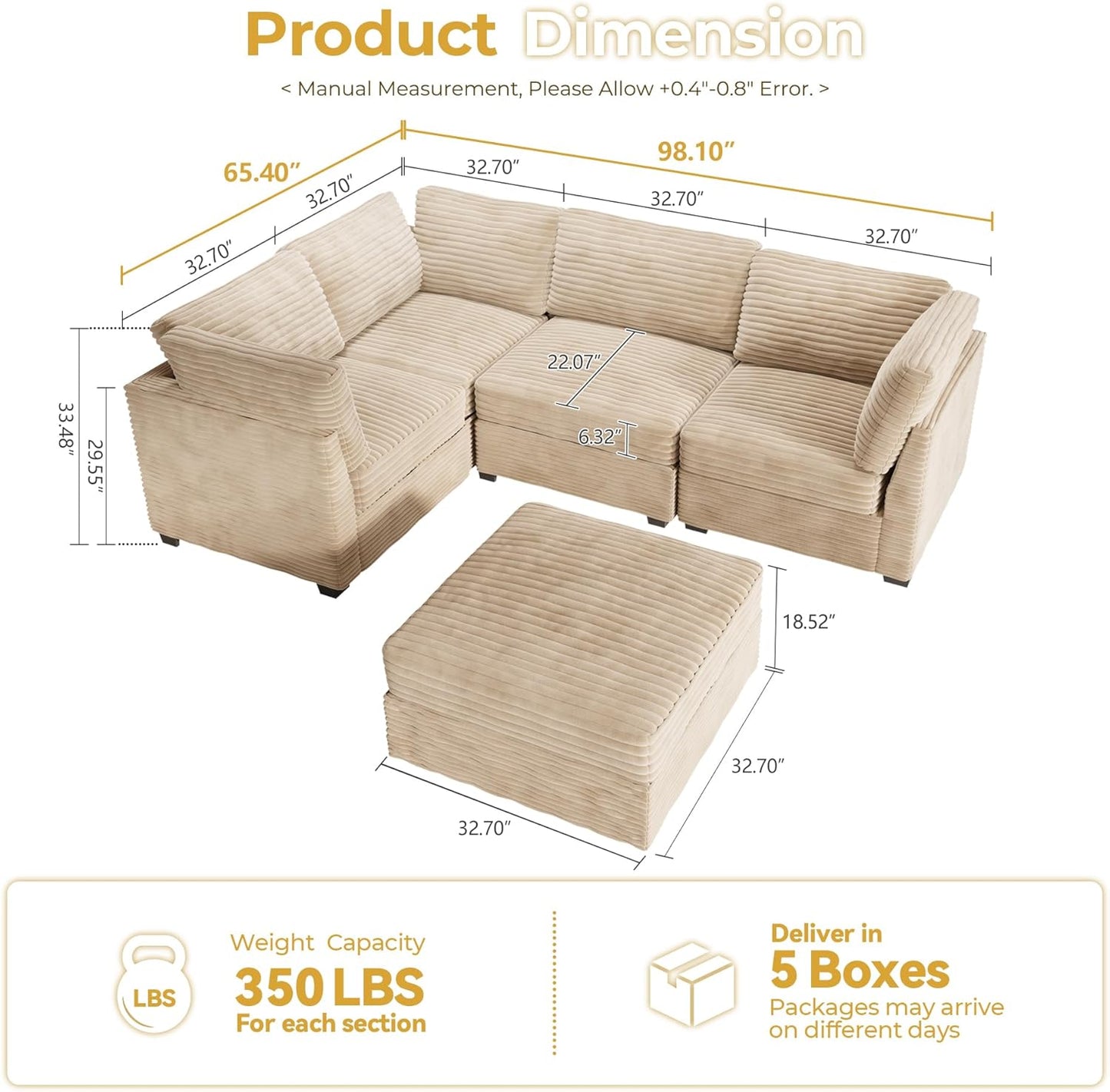 HOOOWOOO Modular Sectional Sofa,5 Pieces Sectional Couches for Living Room,98X66 L Shaped Cloud Couch with Ottoman Chaise Set(Beige Velvet Corduroy)