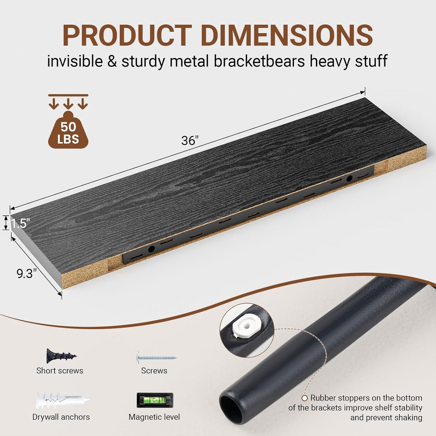 Heimlove Floating Shelves for Wall 36 Inches Long,9.3" Deep Black Floating Shelf Set of 2,Wall Mounted Shelves for Bathroom Bedroom Living Room Kitchen Office,Shelf for Books Storage,Home Decor