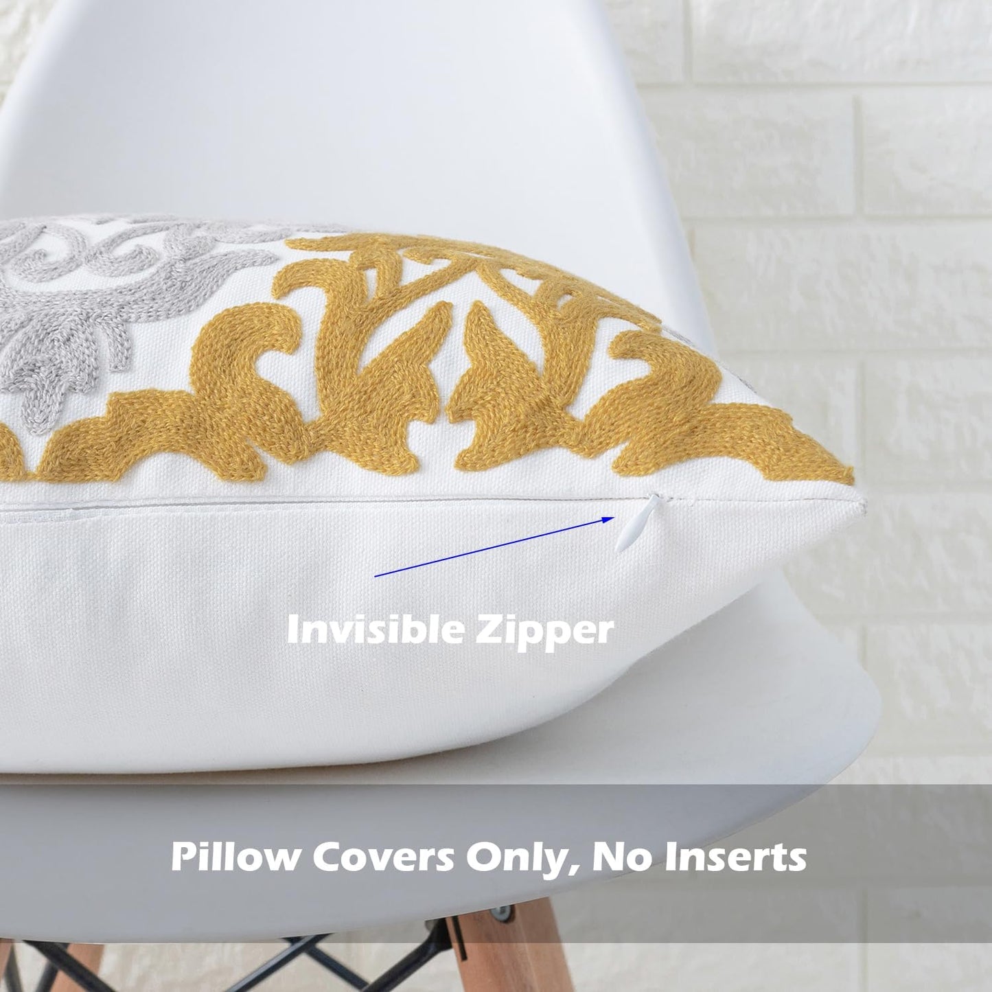 HWY 50 Mustard Yellow Decorative Throw Pillow Covers 18x18 Inch (1 Piece), Embroidered Cotton Farmhouse Cushion Cover Pillow Case for Sofa Couch Living Room Bed Bedroon, Floral Geometric