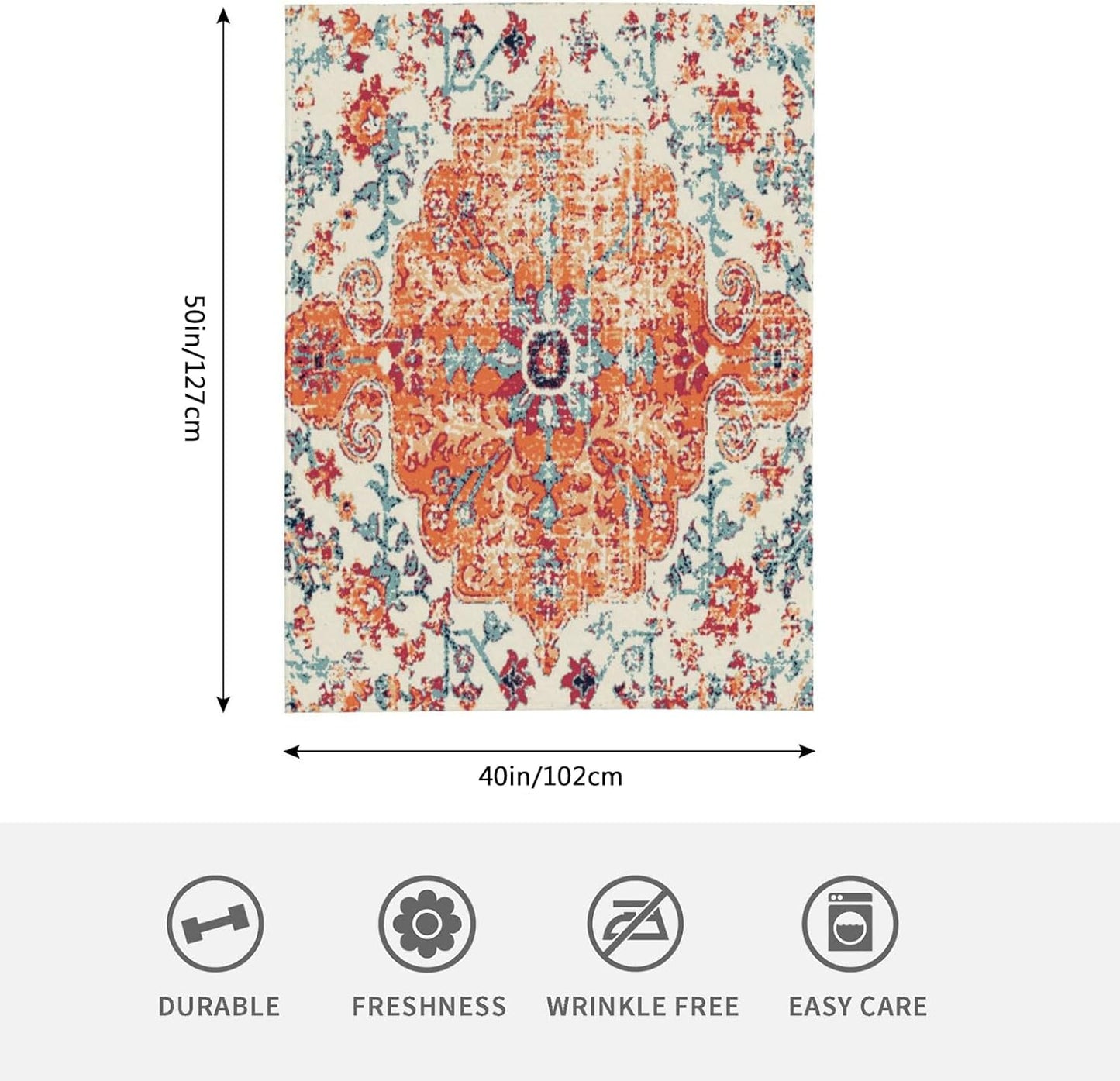 HGOD DESIGNS Carpet Pattern Throw Blanket Boho Style Ethnic Design Orange Blue Soft Blankets and Throws 40x50 Inch Caring for Women Men (100x130cm)