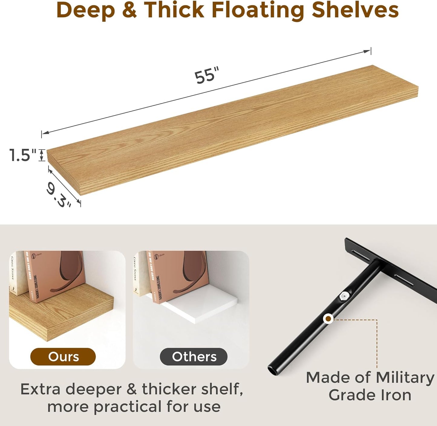 Floating Shelves 55 Inch Long, 55"W x 9"D Wall Shelf Invisible Bracket, 9 Inch Deep Floating Shelf for Wall, Rustic Wooden Shelves for Living Room, Kitchem, Bedroom, Oak Color, Set of 1