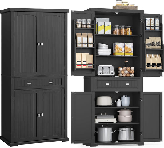 VASAGLE Pantry Cabinet, 71.7-Inch High Freestanding Tall Cupboard Storage Cabinet with a Drawer, 2 Cabinets, 4 Adjustable Shelves, 6 Door Shelves, for Living Room, Kitchen, Ink Black UBBC561B12