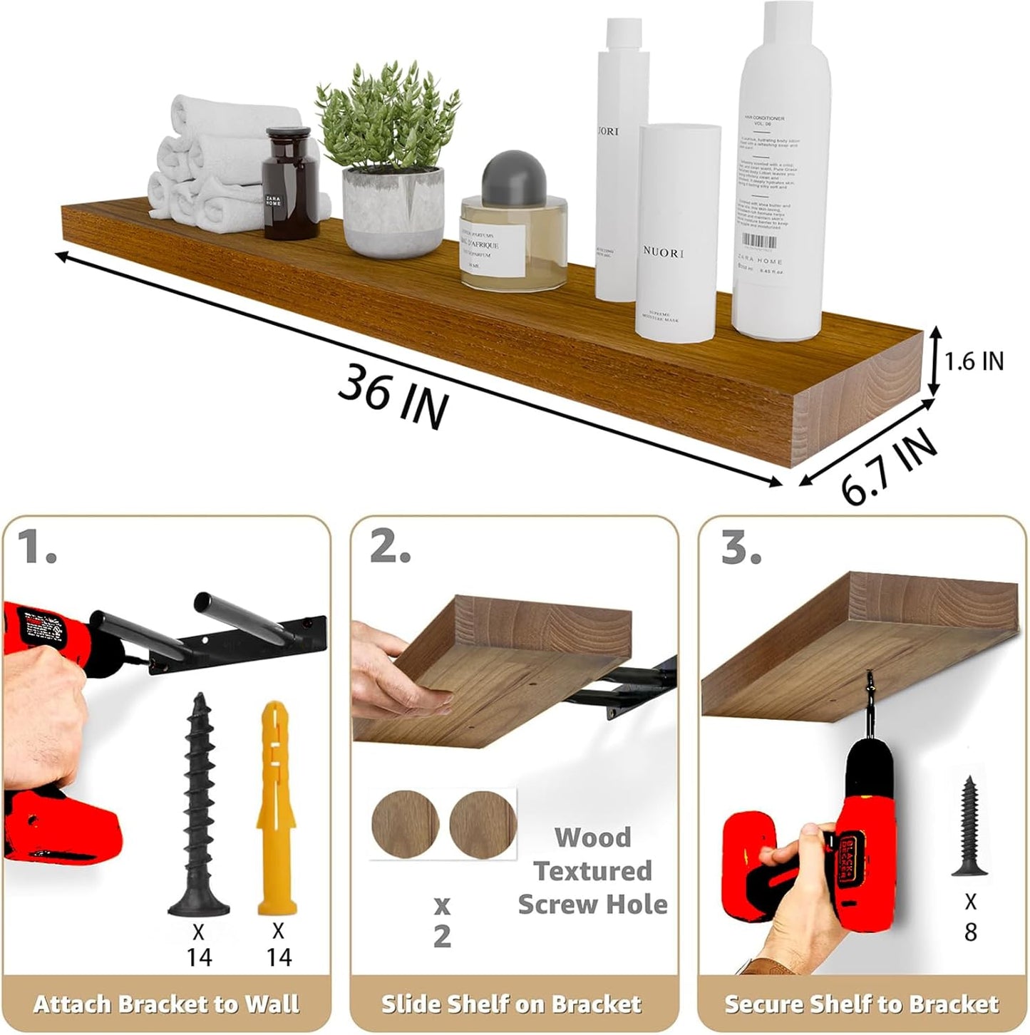 IAE Walnut Floating Wall Shelves 36 inch, Bathroom Shelves Wall Mounted,Invisible Shelves Floating Kitchen Shelves,Wooden Wall Shelves with Brackets for Living Room Wall Mounted,Easy Install,Set of 2