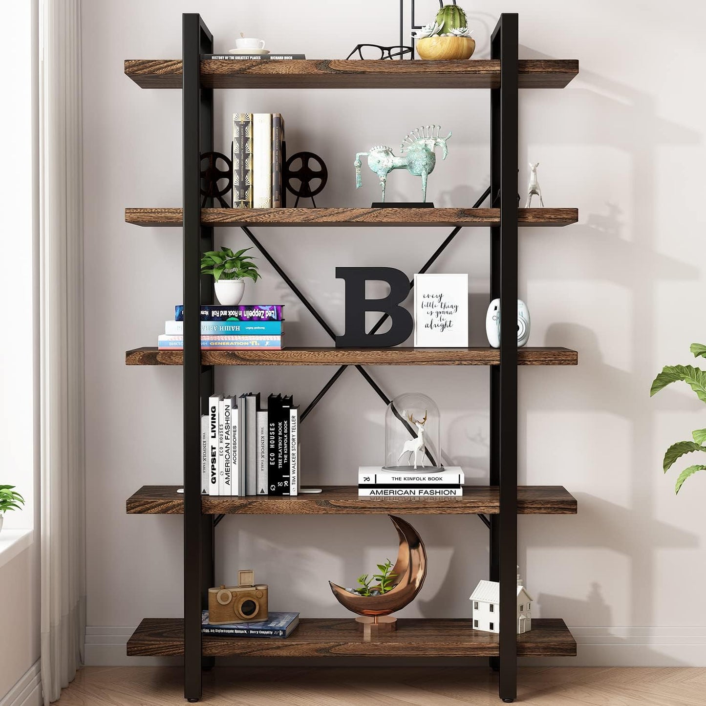 5-Tier Industrial Style Solid Wood Bookcase and Book Shelves,Rustic Wood and Metal Shelving Unit， Living Room,Modern Rustic Open Industrial Book Shelf Office,Distressed Brown (AY-02-5Tier)