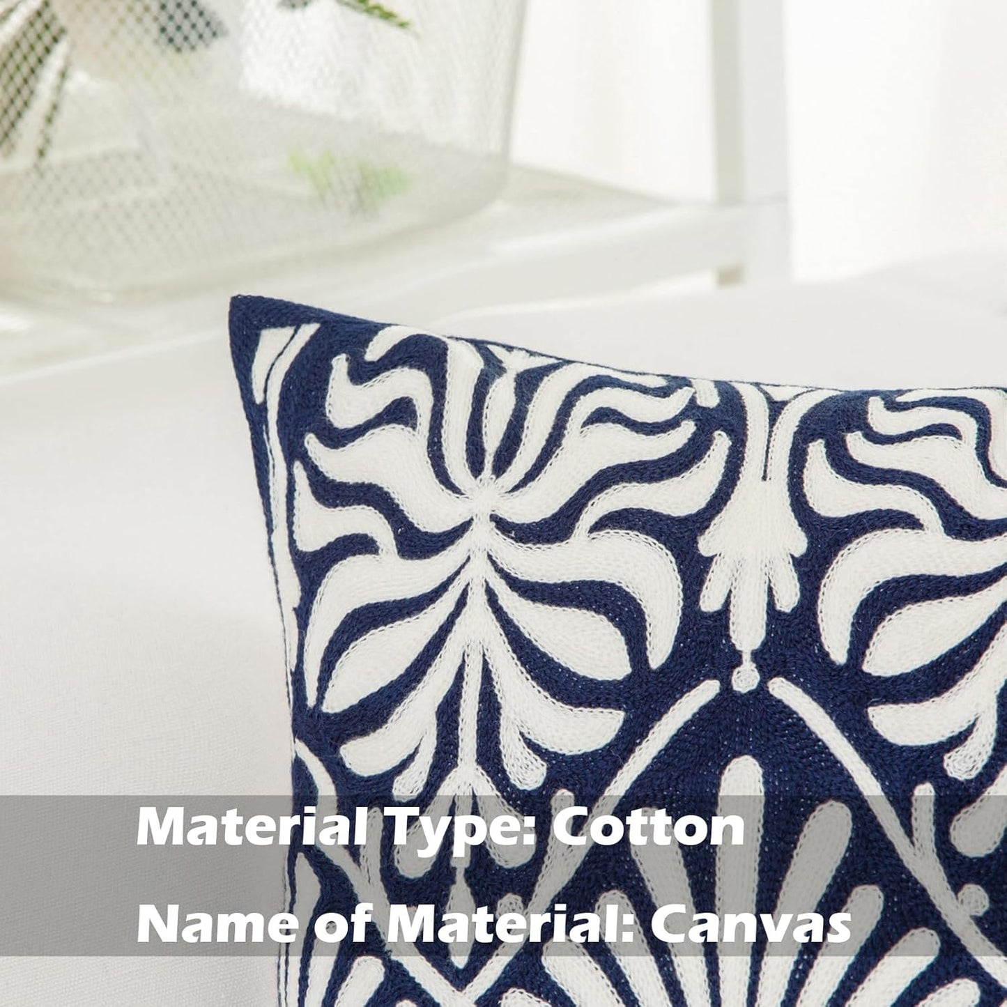 HWY 50 Navy Blue Decorative Lumbar Pillow Cover Rectangle 12x20 Inch (1 Piece), Embroidered Cotton Farmhouse Cushion Cover Pillow Case for Sofa Couch Living Room Bed, Minimalist Floral