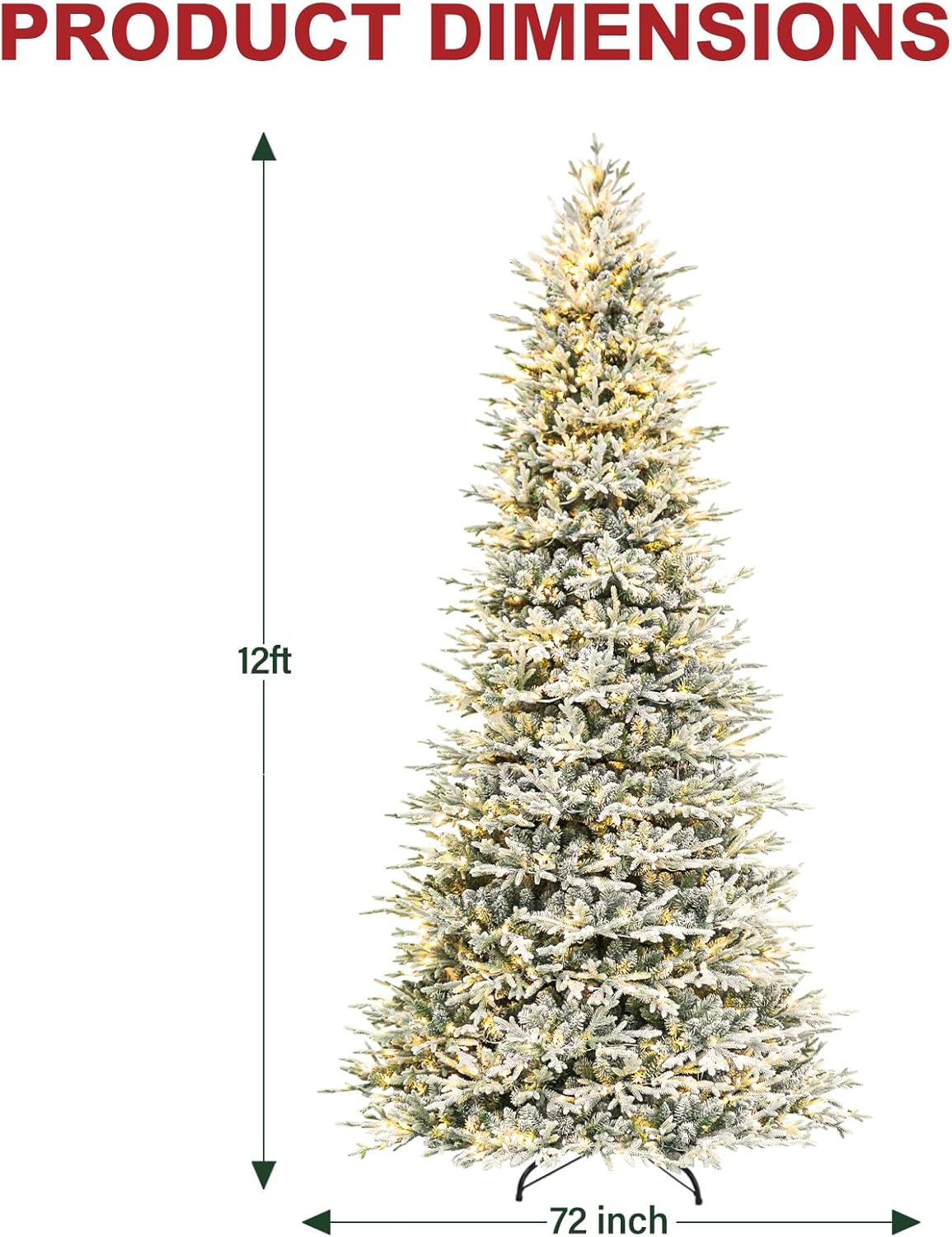 Hykolity 12 ft Prelit Snow Flocked Artificial Christmas Tree, 8109 PE&PVC Branch Tips, 850 Warm White LED Lights, Easy Assembly with Metal Stand and Hinged Branches