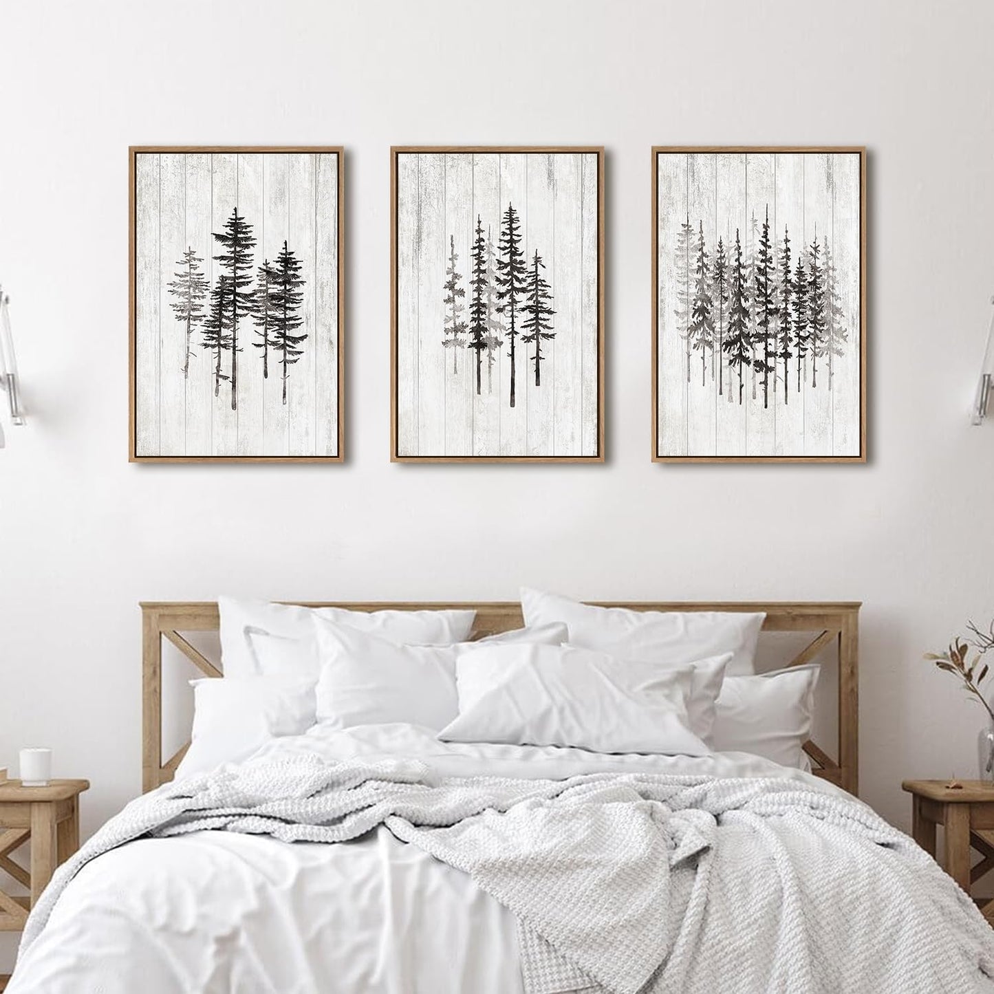 HPINUB Woodcut Style Pine Tree Framed Canvas Wall Art Set, Minimalist Modern Black and White Forest Wall Decor, Rustic Minimalist Canvas Painting for Living Room,Bedroom,Office Decor-16 x24 x3