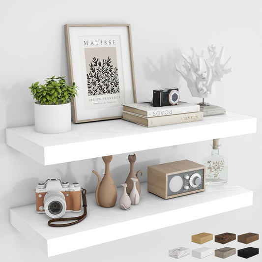 RICHFOCUS 36Inch Floating Shelves for Wall 2 Pack Shelves for Bedroom|Kitchen|Bathroom Wall Mounted Rustic Wood Floating Shelf with Invisible Brackets for Books|Storage|Decor, White