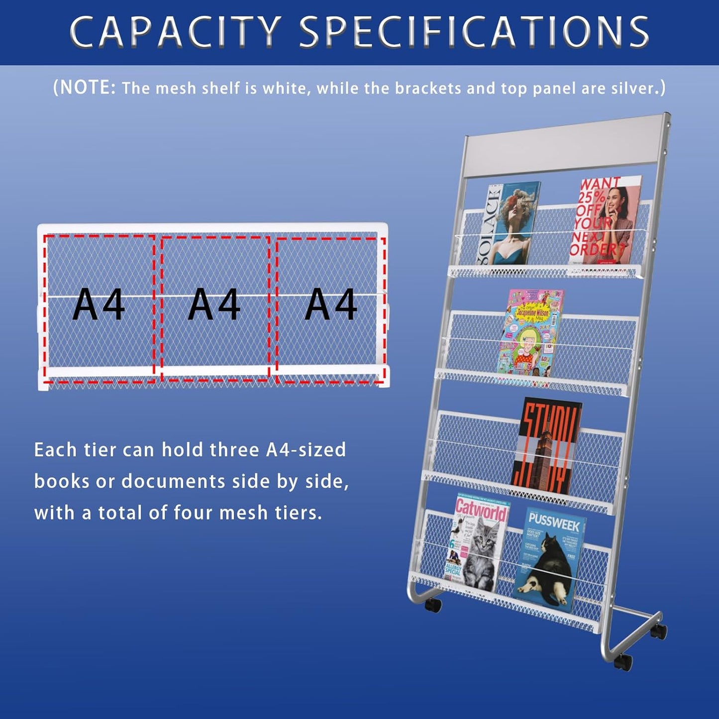Yinghao Floor-Standing Magazine Rack, 4-Layer Iron Newspaper Rack, Suitable for the Display of Brochures or Documents in Exhibitions, Shopping Malls, Hospitals, Offices