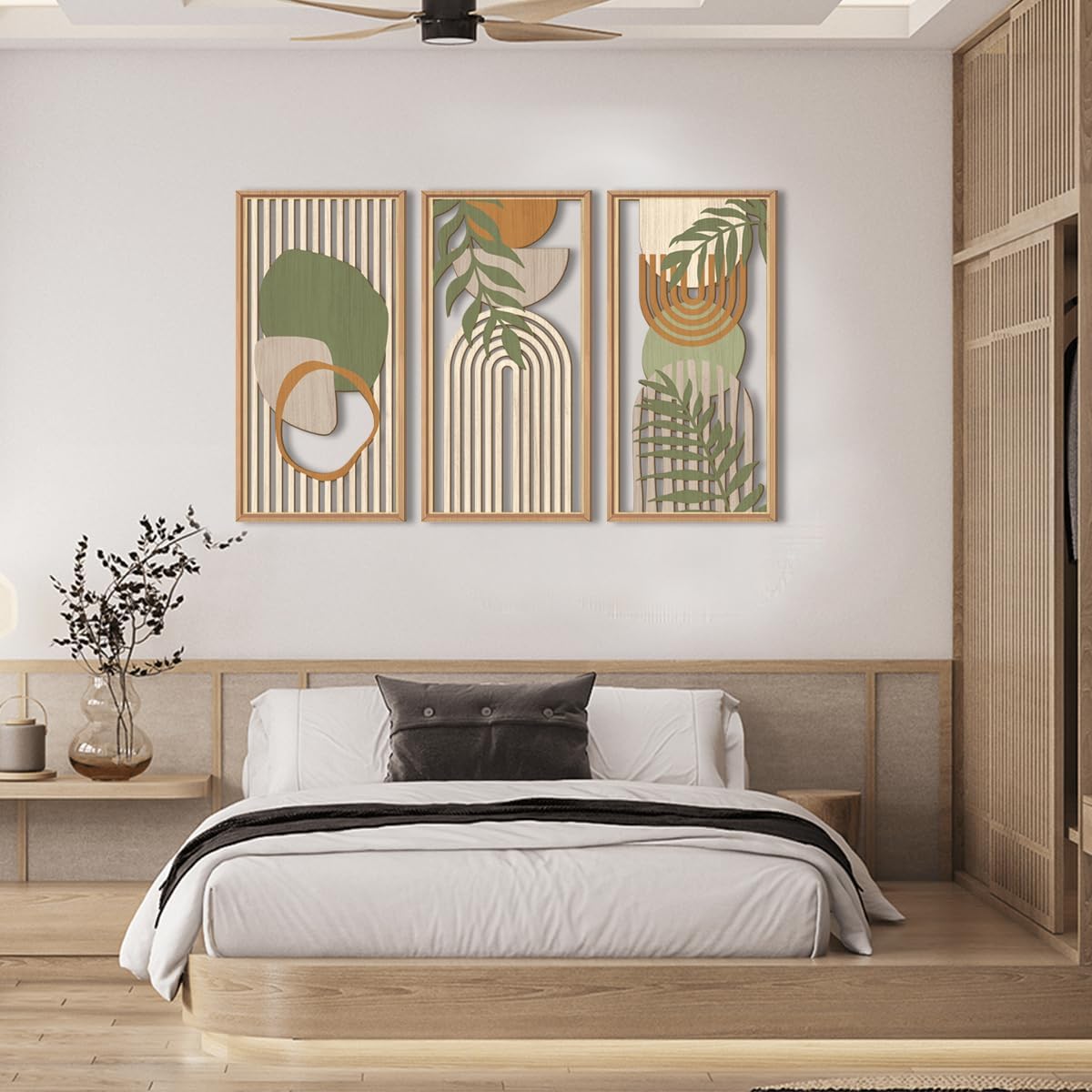 IARTTOP Large Boho Wood Wall Art Framed Mid-century Modern Wooden Wall Decor Set of 3 Green Bohemian Abstract Wall Art Decor For Bedroom Living Room Office-16 x32