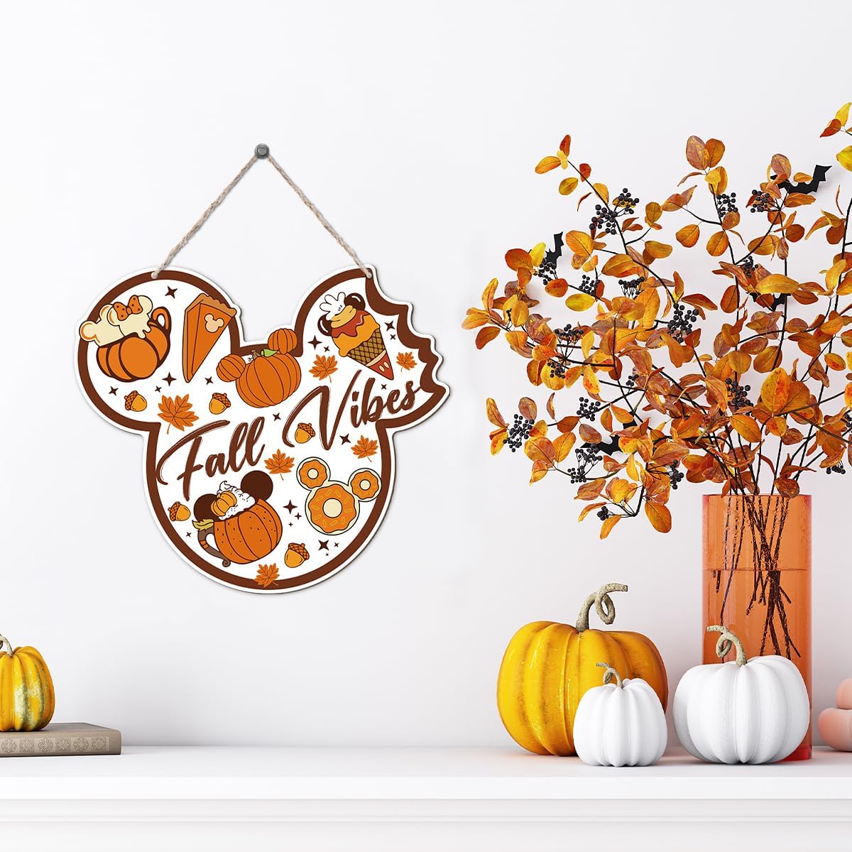 Fall Vibes Door Hanger, Fall Mouse Welcome Door Sign, Wooden Maple Leaves Mushroom Hanging Decor for Front Door, Fall Wood Wreath Wall Decors for Autumn Harvest Thanksgiving Home Decor