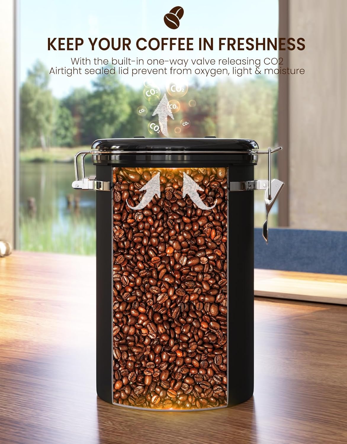 HAIOOU Large Coffee Canister, 38OZ Oversized Stainless Steel Coffee Bean Storage Container with Date Tracker, Measuring Scoop, CO2 Releasing Valves for Beans, Grounds and more - Black