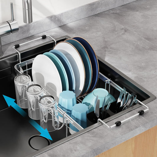 GSlife Expandable in Sink Small Dish Drying Rack - Stainless Steel Capacity Adjustable Over The Sink Dish Rack with Cup Holder (12" -16.8"), Dish Drainer for Kitchen Sink with Utensil Holder, Silver
