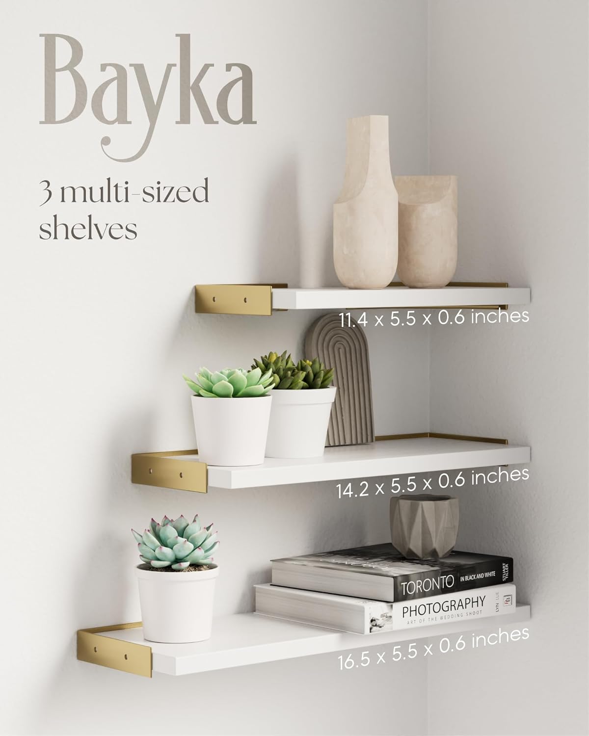 BAYKA Wall Shelves for Bedroom Decor, Floating Wall Shelves for Living Room Kitchen Storage, Wall Mounted Rustic Wood Shelves for Kids Books, Corner Shelf for Bathroom(White and Gold，Set of 4)