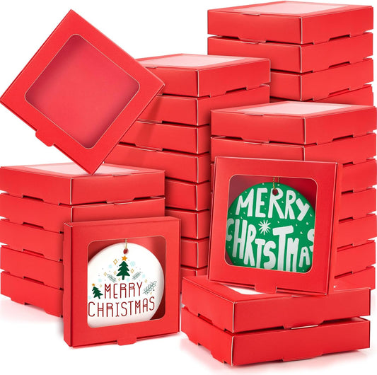 50 Pcs Sublimation Ornament Blanks Box 3.6"x3.6"x0.7" Christmas Ornaments Holder Ceramic Discs Packaging Box with Window for Personalized Xmas Tree Blanks Bulk (Red)