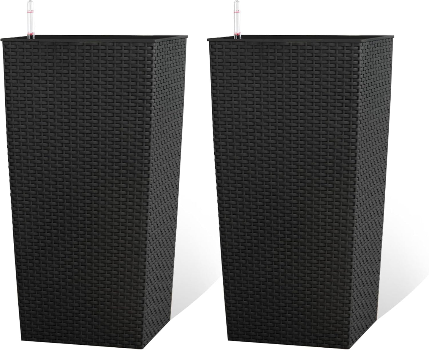 2Pcs 23in High Large Plant Pots Planter-Self-Watering,Modern Planter with Drain Holes,Water Level Monitor,Inner Bucket for Indoor/Outdoor Front Porch Patio,Black Rattan