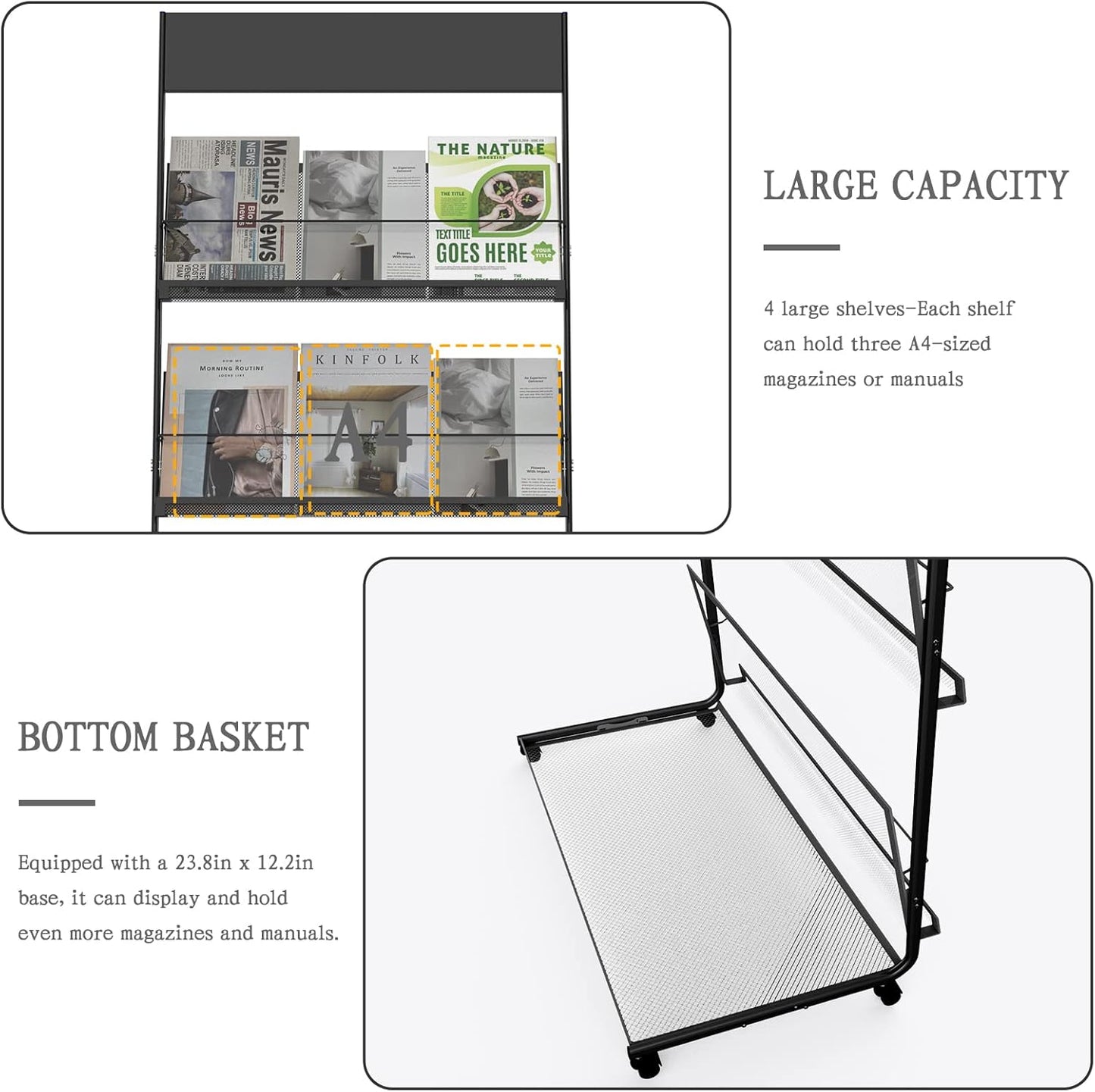 TONGMO Magazine Rack: Floor-Standing 4-Layer with Wheels, Brochure Display Stand, High-hardness metal for Exhibitions, Office, and Any Organization Requiring Information Display(Black)