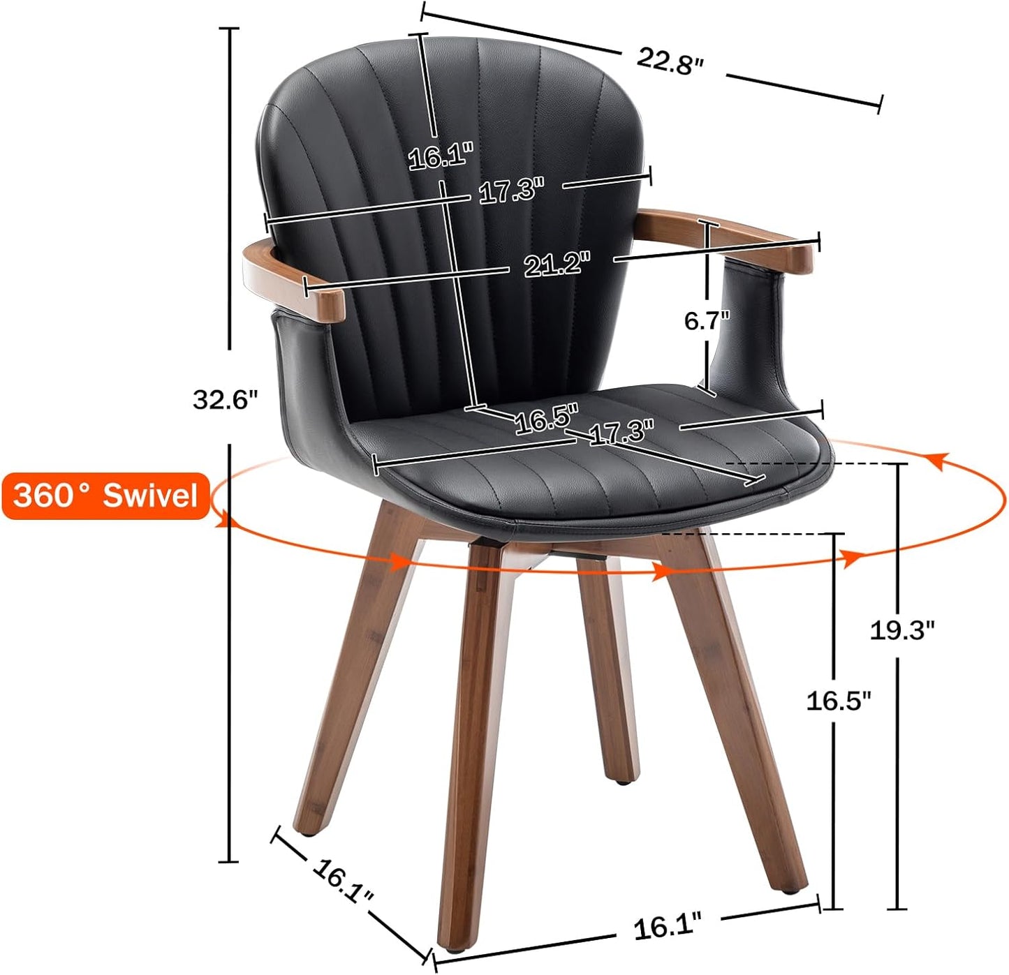 LUNLING Swivel Dining Room Chairs Set of 2, Mid Century Modern Black Faux Leather Kitchen Chairs with Arms,Bamboo Legs Side Chairs No Wheels,Accent Chair for Dining Rooms and Offices