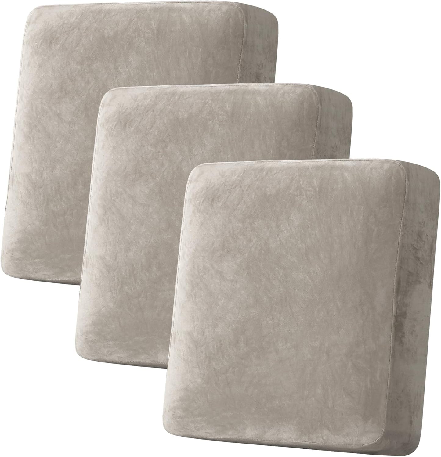 H.VERSAILTEX Velvet Stretch Couch Cushion Cover Plush Cushion Slipcover for Chair Loveseat Sofa Cushion Furniture Protector Seat Cushion Sofa Cover (3 Piece Sofa Cushion Covers, Oatmeal)