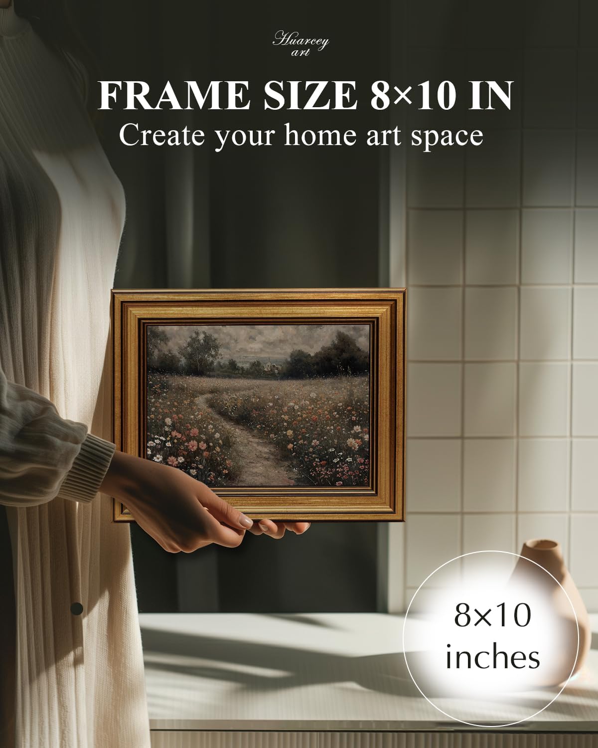 HUARCEY Gold Framed Vintage Wall Art for Living Room, Flowers Painting Prints Shelf Decor for Kitchen, Landscape Bedroom Wall Art, Christmas Gifts for Friends or Family (Flowers Path - 8"x10")