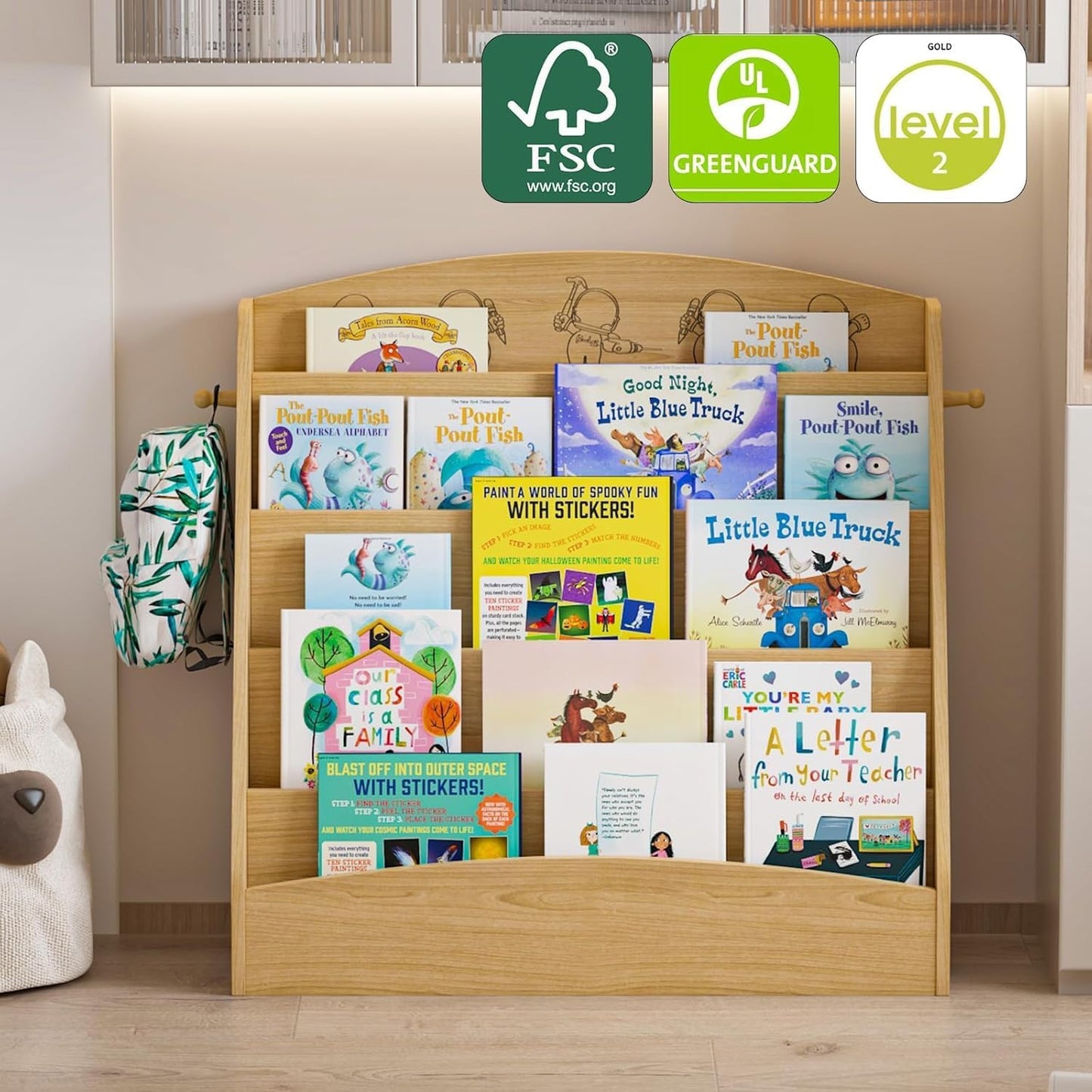 5-Tier Kids Bookshelf Montessori Toddler Book Rack Baby Bookcase Floor Front Facing Magazine Display Shelf for Bedroom Playroom Nursery Classroom Kindergarten Wood (Natural)