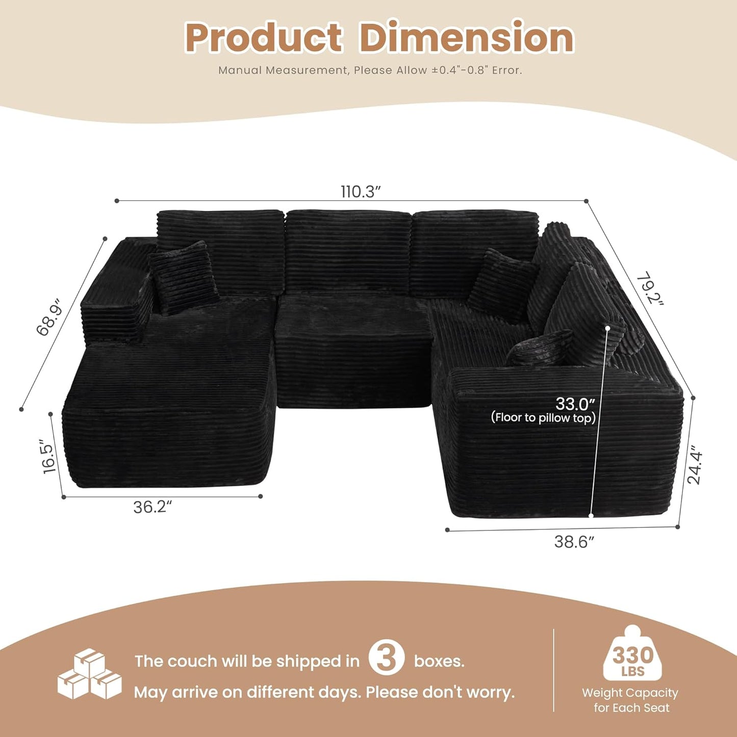 HOOOWOOO Cloud Sectional Couches for Living Room,Modular Sectional Sofa No Assembly,110X79 Inch Plush Corduroy Large U Shaped Floor Couch Set with Deep Seat Chaise(Black)