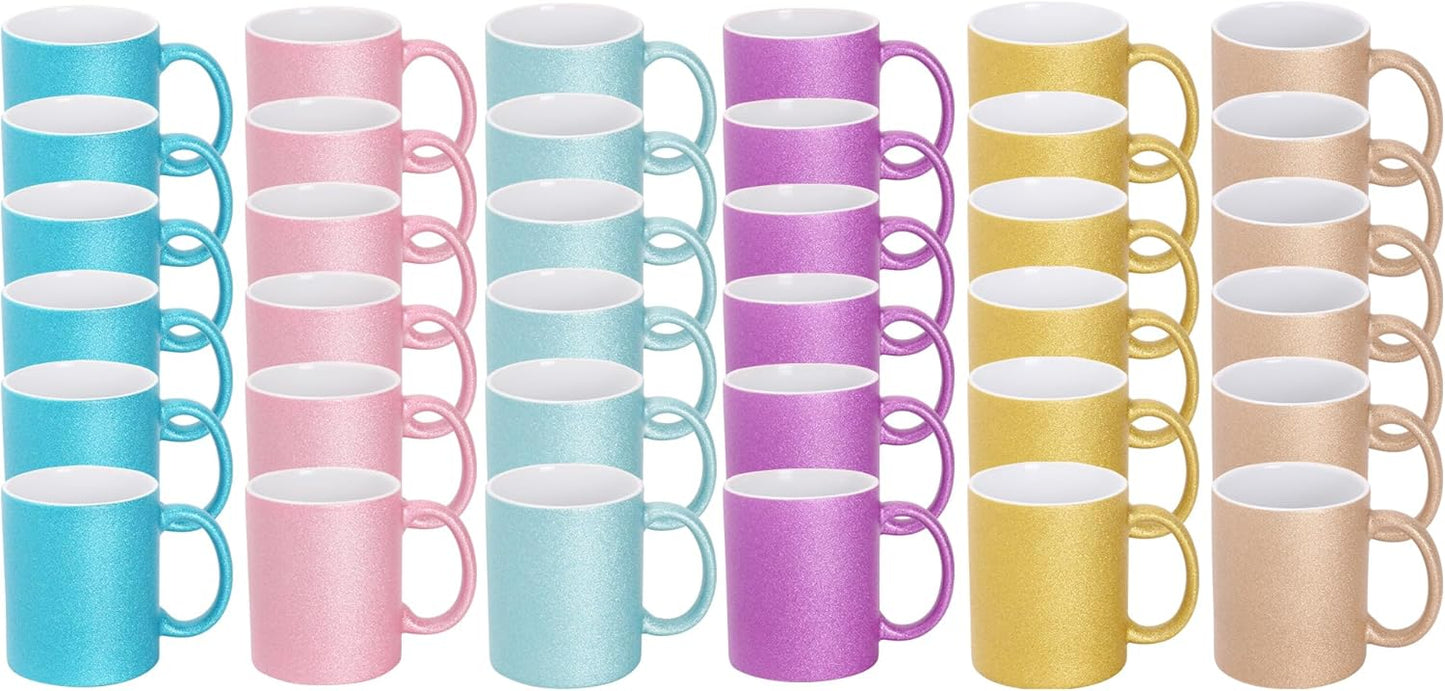 11oz White Ceramic Sublimation Coffee Mug in White Gift Box, 6 Sparkling Mixed Colors, Case of 36