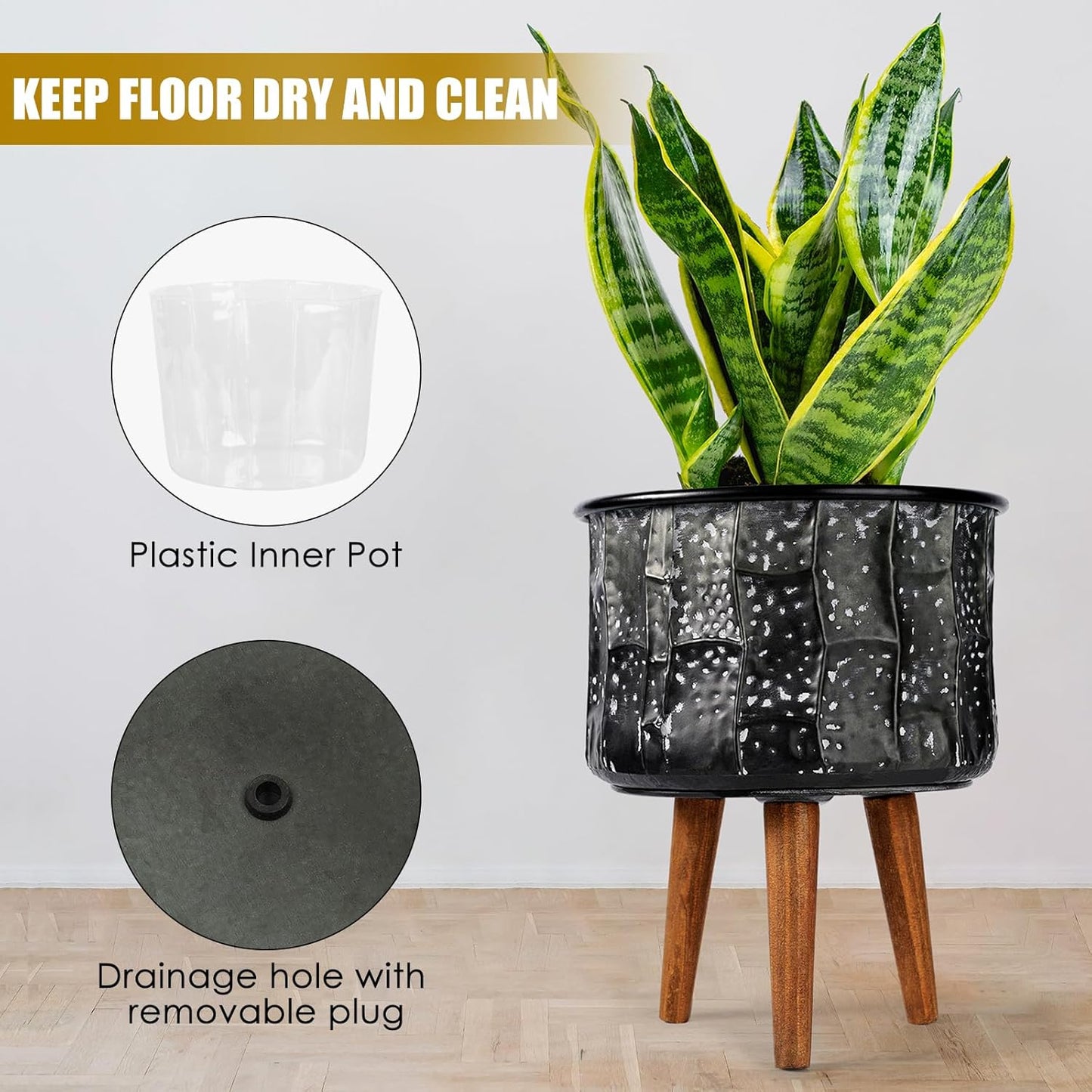 Harvest Land Plant Pots with Stand, Set of 2 Large Modern Planters Metal Tall Handmade Flower Pots with Drainage Holes Indoor Outdoor,Grey