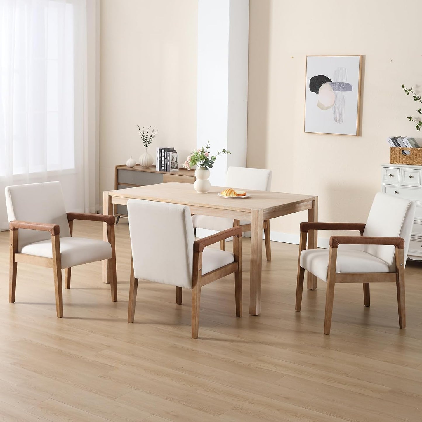 Kmax Modern Dining Chairs Set of 4 Linen Fabric Kitchen Arm Chairs Upholstered Accent Chairs with Wooden Legs for Dining Room, Living Room, Bedroom, White