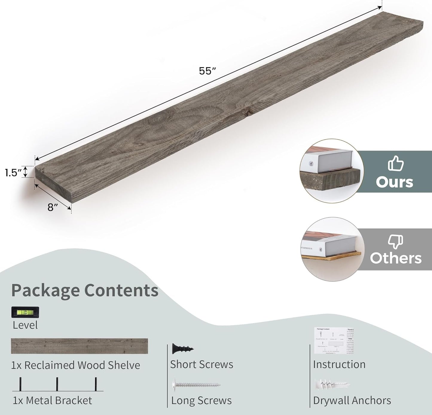 Solid Wood Floating Shelves, 8" Deep Rustic Reclaimed Barnwood Wall Hanging Floating Shelf with Invisible Heavy-Duty Metal Bracket | Wall Mounted | Farmhouse Style | 55 inches,1PC,Grey