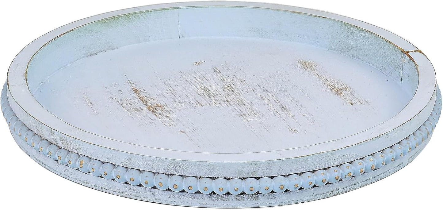 Round Wood Serving Tray with Beads, Blue Washed Wooden Decorative Tray for Entertaining, Decoration, and Gifting