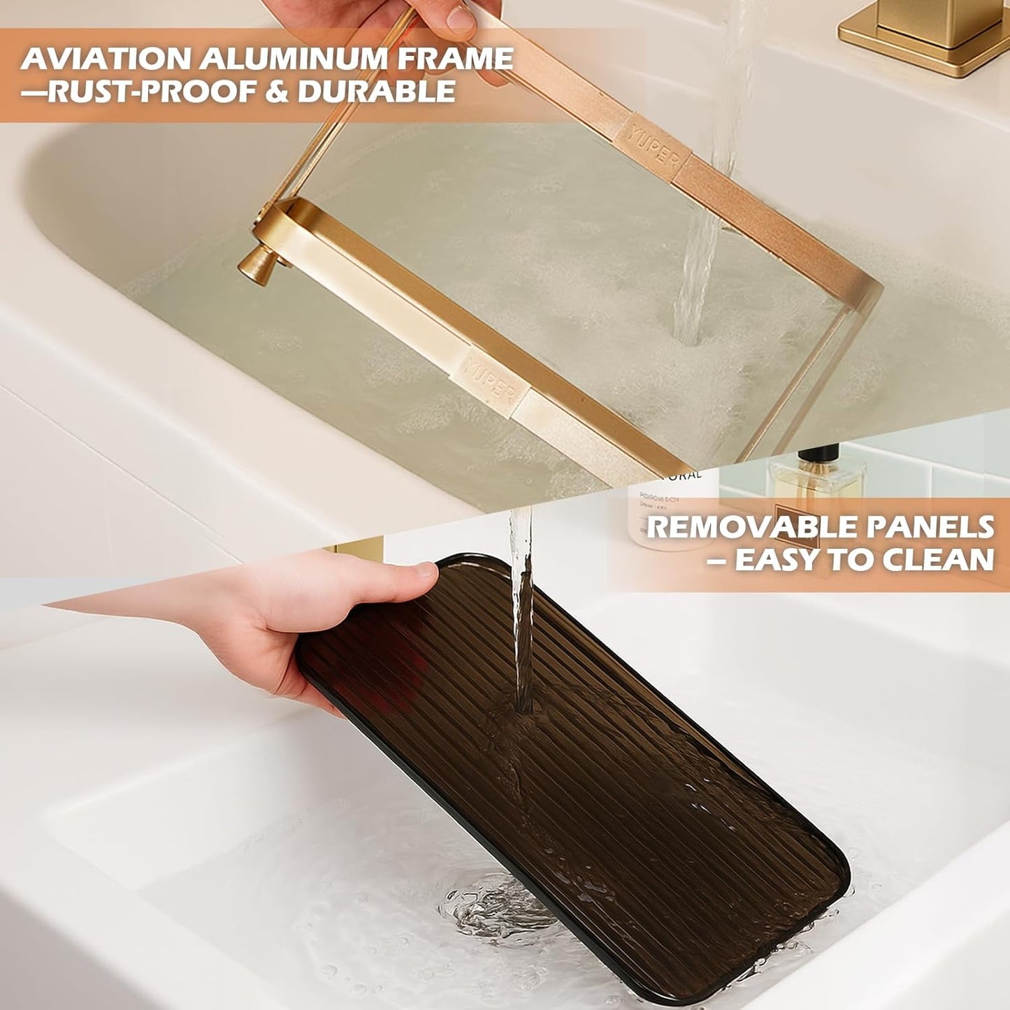 YUPER Bathroom Counter Organizer, 2-Tier Bathroom Organizers and Storage, Large Makeup Storage Shelf Vanity Tray Perfume Organizer, Bedroom Kitchen Corner Counter Storage Sink Shelf Gold