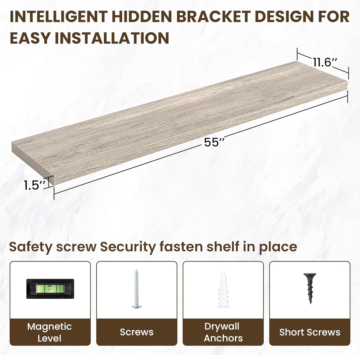 55 Inch Floating Shelves, 11.6 Inch Deep Floating Shelves for Wall, Floating Shelf with Invisible Brackets, Deep Shelves for Bathroom, Bedroom, Living Room, 1 Pack, Grey