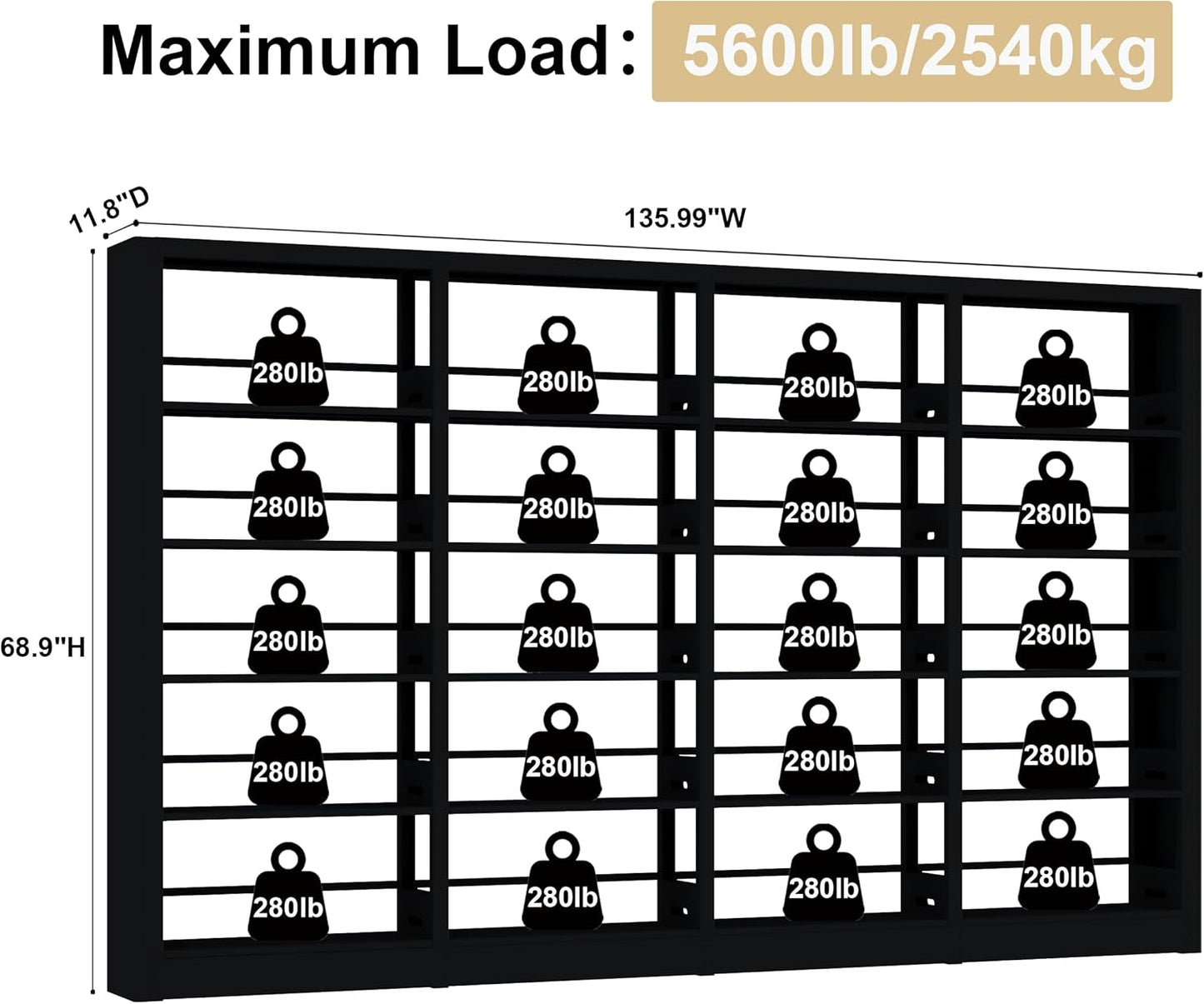 5-Tier Industrial Bookshelf, White Bookcases and Bookshelves,Tall Metal Book Shelf Storage Organizer,Freestanding Bookshelf for Living Room,Home Office (Black, Shelf-4)
