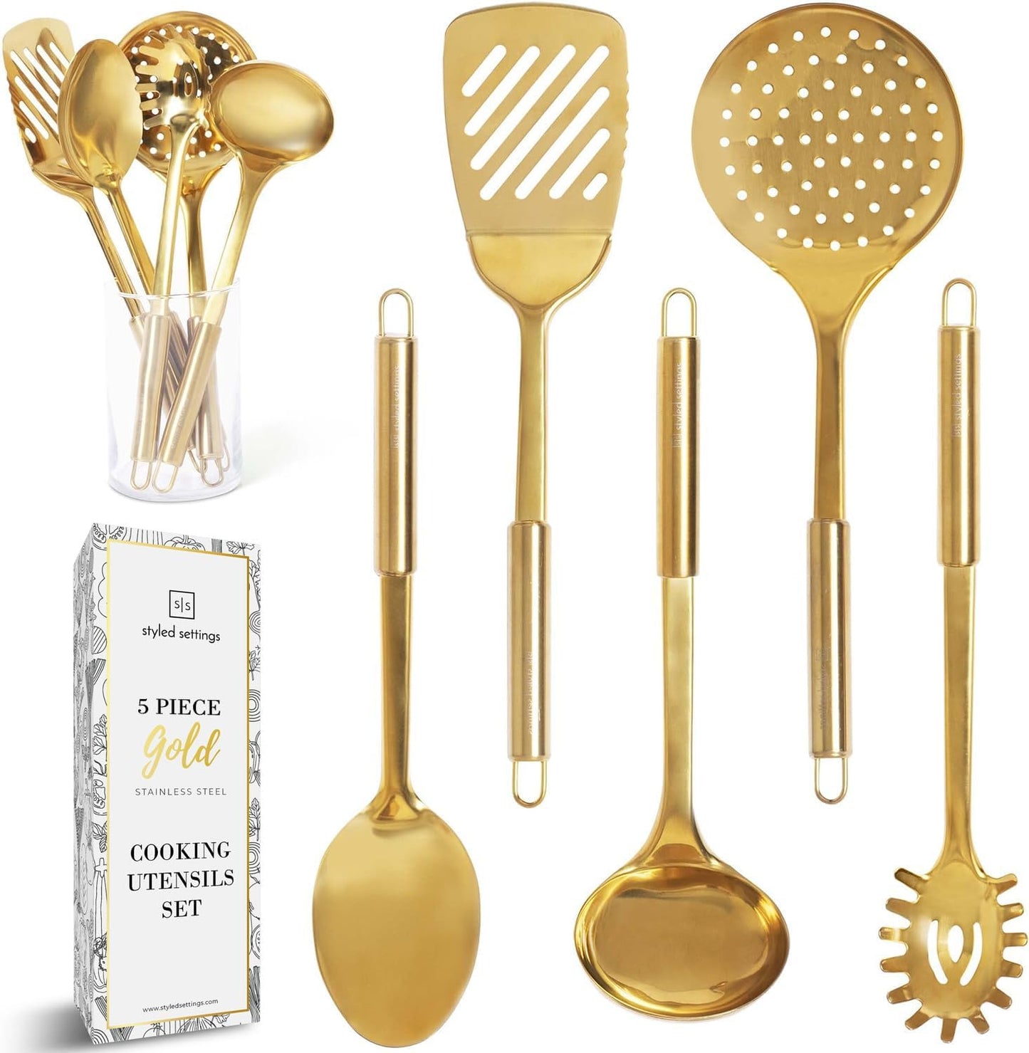 Gold Cooking Utensils Set – 5-Piece Stainless Steel Kitchen Tools for Modern Cooking and Serving – Dishwasher Safe Ladle, Spoon, Spatula, Pasta Fork, Luxury Brass Kitchen Accessories for Home Chefs