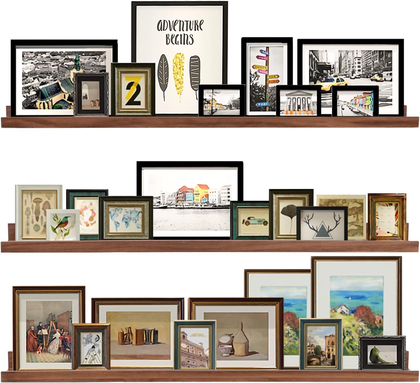 AZSKY 48 Inch Long Floating Shelves Wall Mounted Light Walnut Narrow Photo Picture Ledge Shelves Set of 3 Nursery Book Shelves Photo Frames Display Shelves Kitchen Spice Rack