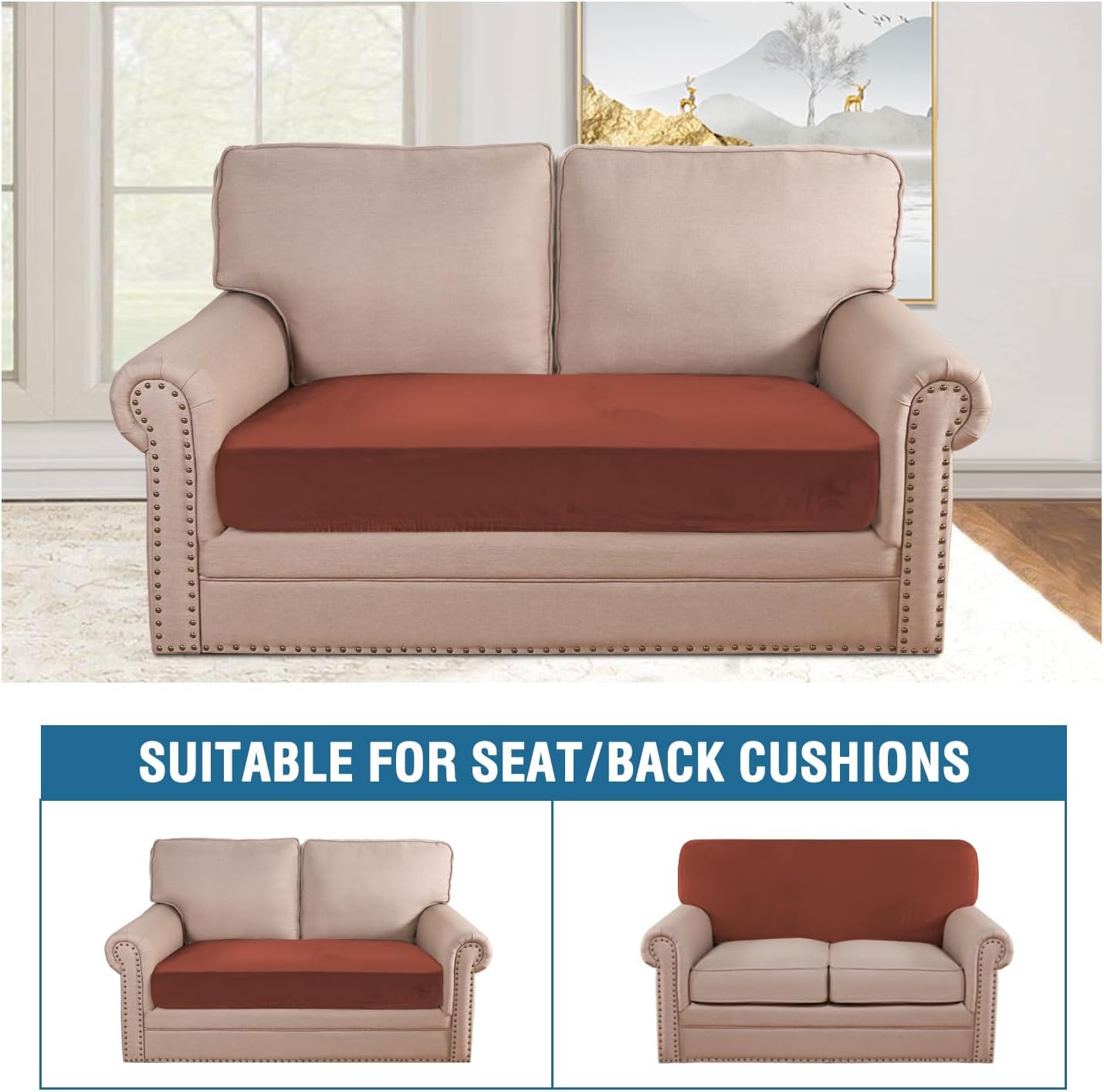 H.VERSAILTEX Velvet Stretch Individual Couch Cushion Cover Plush Slipcover for Loveseat Sofa Furniture Protector Seat Cover (1 Piece Loveseat Cushion Cover, Rust)