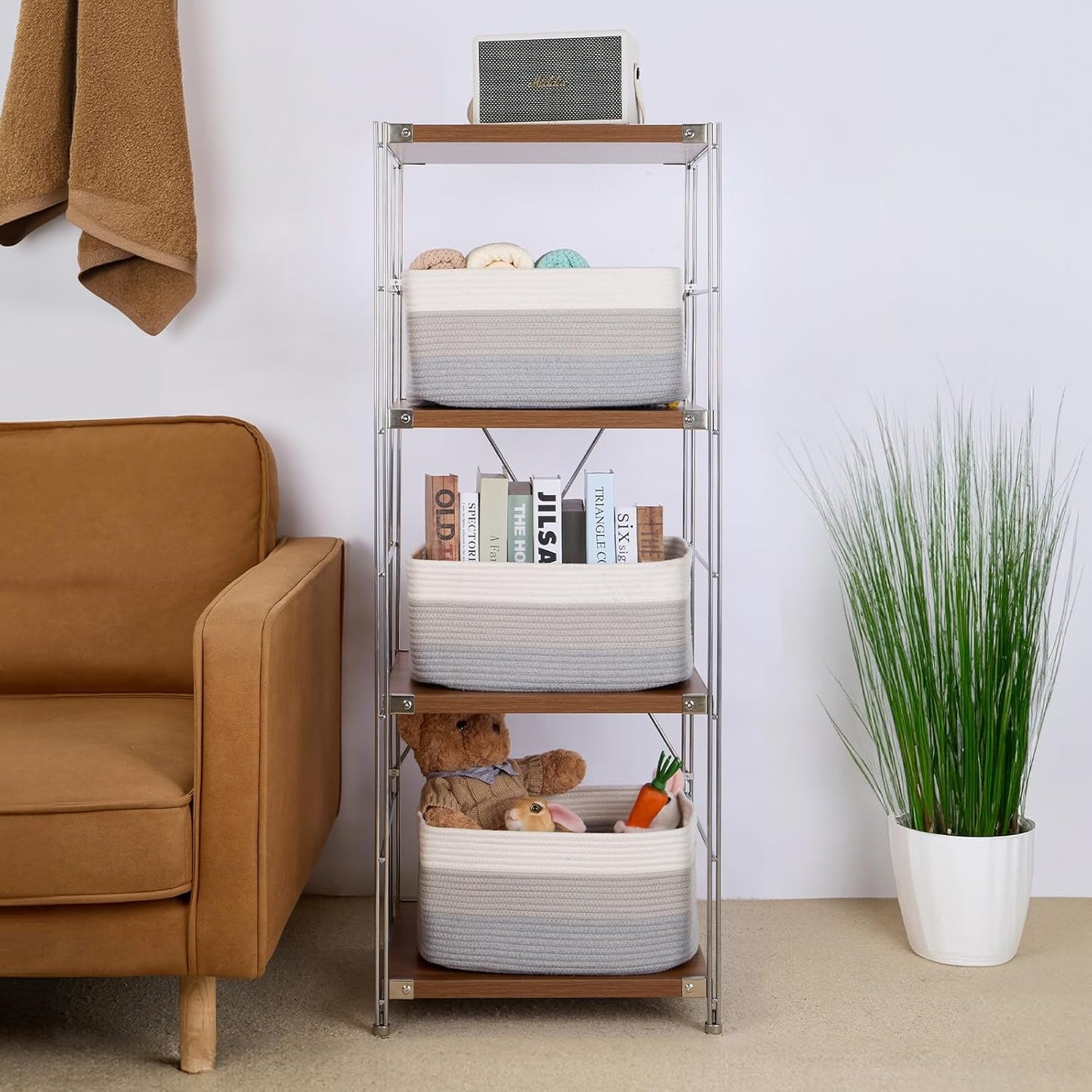 Large Storage Baskets for Shelves, Closet Organizers Bins for Clothes Blanket Towels, Baby Nursery, Toy Baskets Box, Woven Rope Baskets, 17 x 13 x 7.5”, 3 Packs Gradient Grey