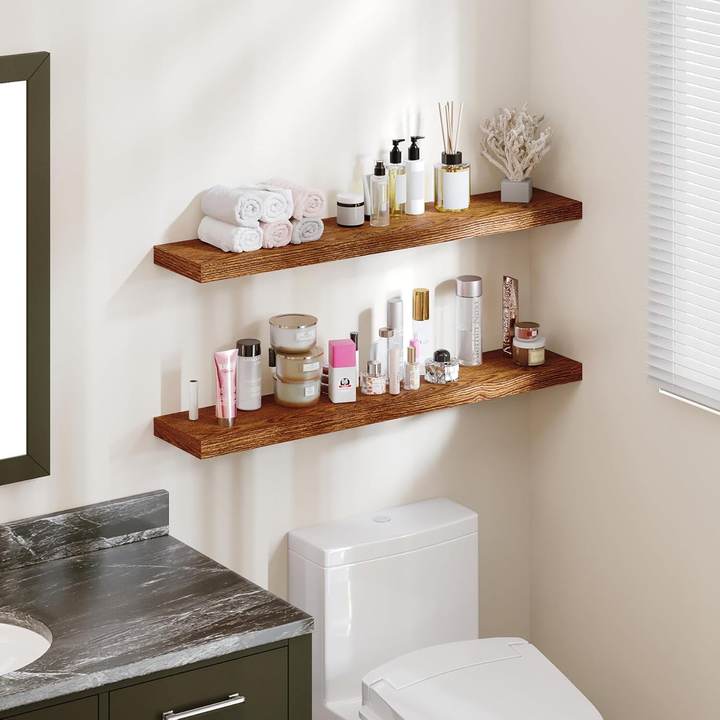 BAMEOS Floating Shelves,40 in W x 8in D Wall Mounted Wooden Shelves with Invisible Brackets Set of 2, Hanging Wall Shelves Decoration for Bedroom, Bathroom, Living Room and Kitchen