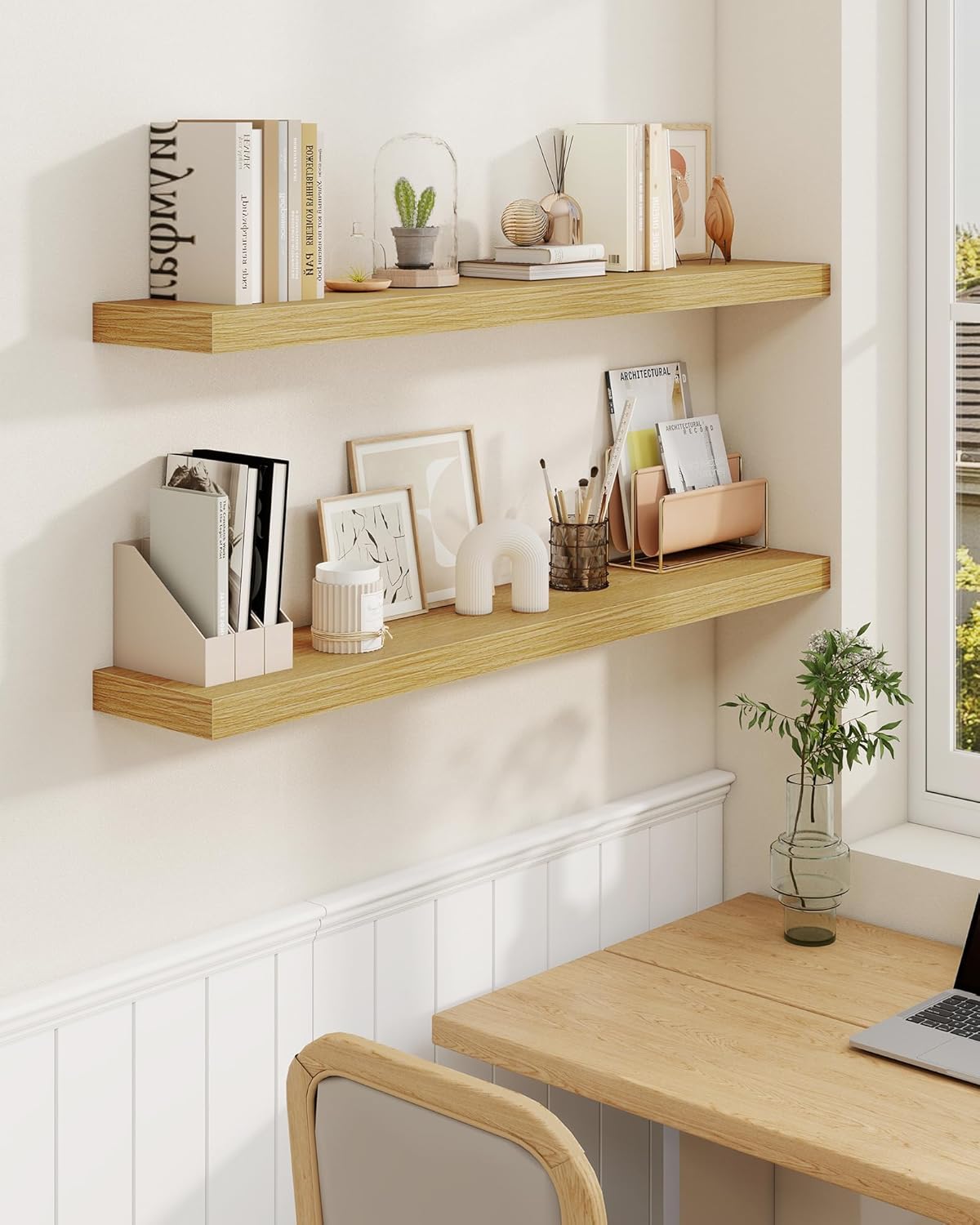 Marsmiles 24" Floating Shelves for Wall, Wooden Shelves with Invisible Brackets Set of 2, Rustic Farmhouse Wall Mounted Shelf for Kitchen Bathroom Living Room Study, Natural Oak