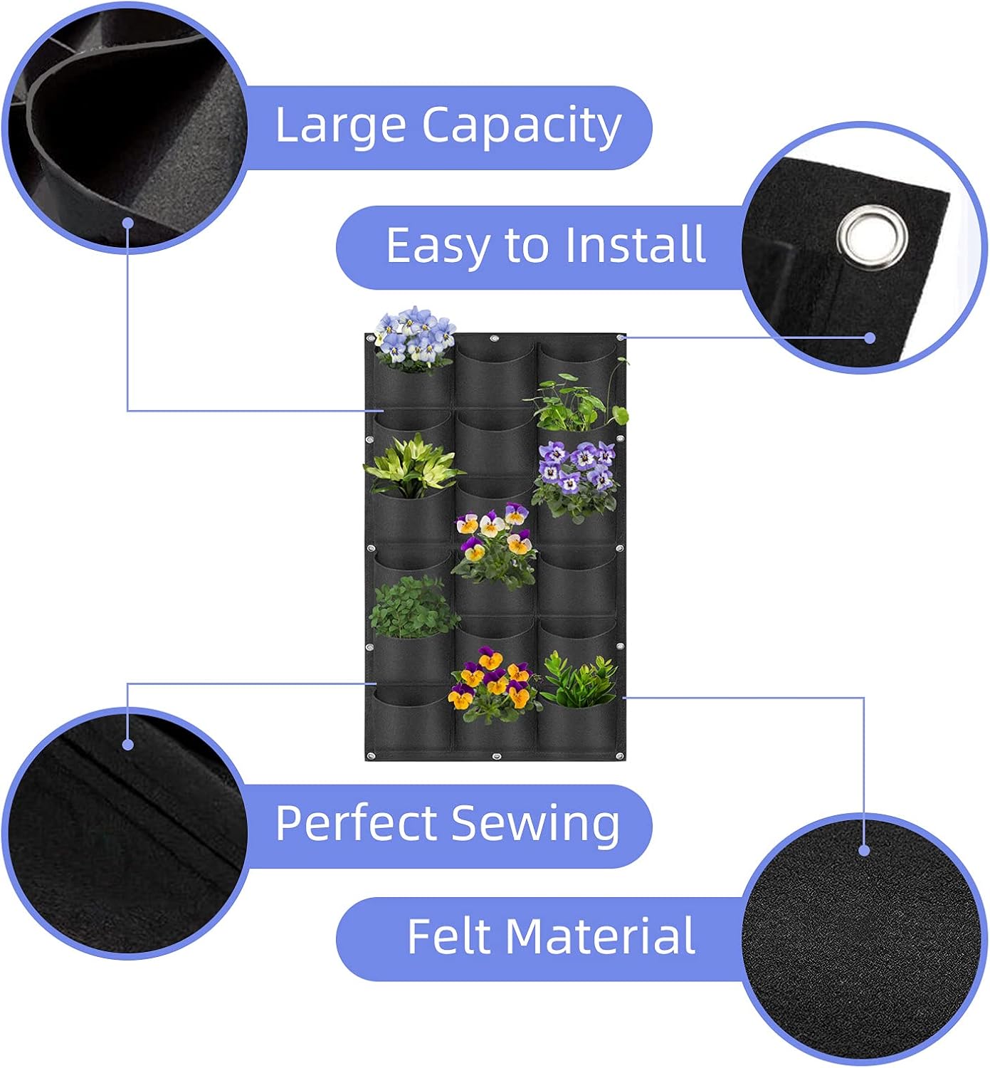 18 Pockets Hanging Planter Bags, Hanging Vertical Wall Mounted Plant Planting Grow Bags, Herb Garden Planter Outdoor Indoor Growing Bag, Gardening Vertical Greening Flower Container(1m×0.5m, Black)