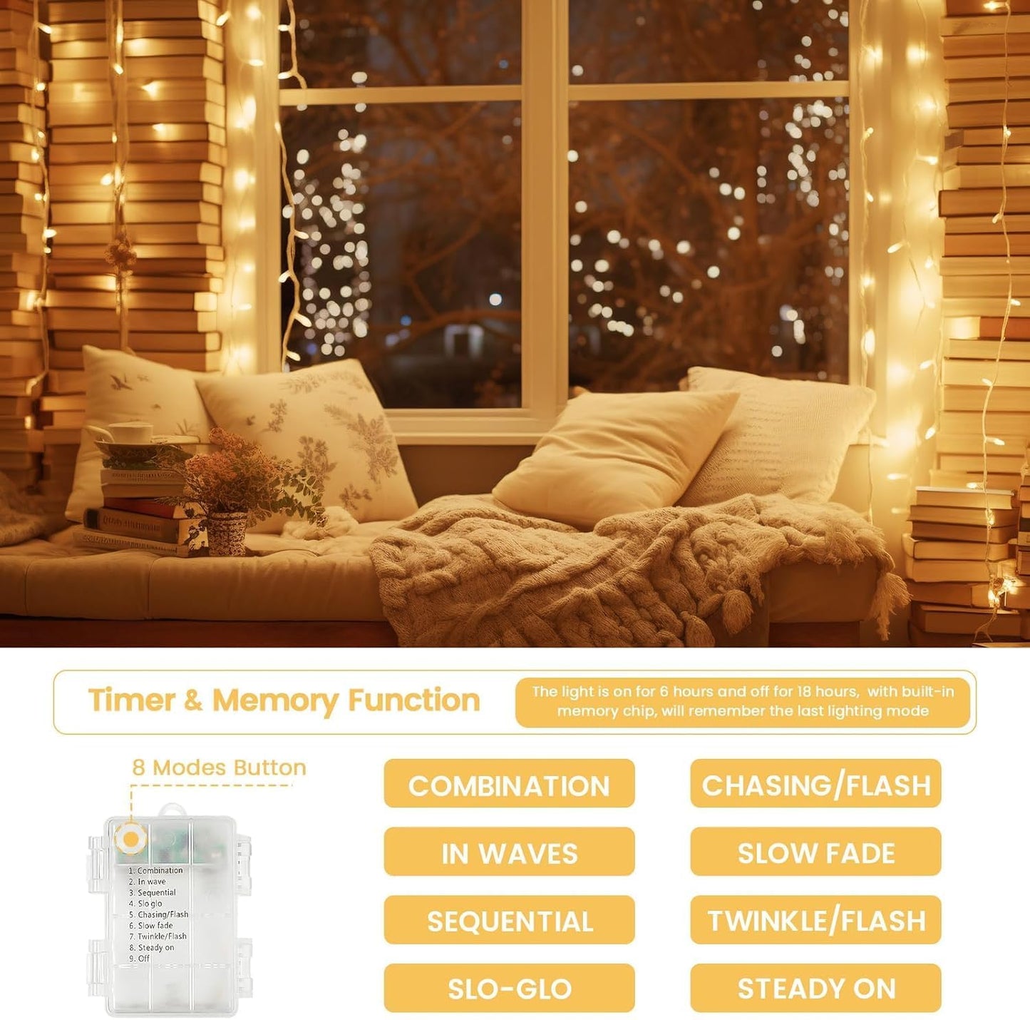 2 Pack String Lights Battery Operated with Timer, 33FT 100 LED Waterproof Battery Twinkle Lights, 8 Modes Fairy Light for Indoor & Outdoor Party Bedroom Garland Tree Christmas Decorations (Warm White)