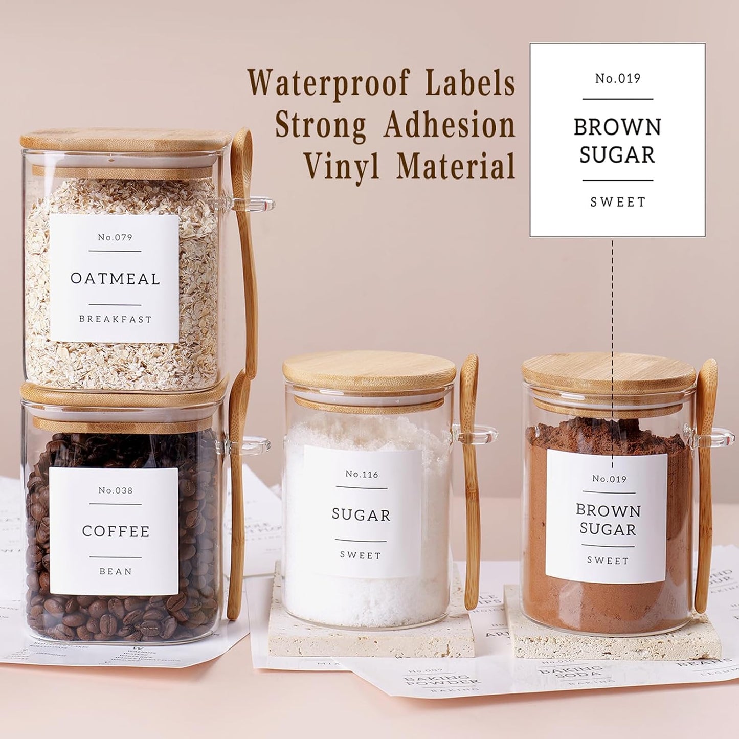 6 Pack Glass Jars with Bamboo Lid and Spoons - 17Oz/27Oz Borosilicate Glass Jars with 132 Pantry Labels - for Coffee Beans, Tea, Sugar & More