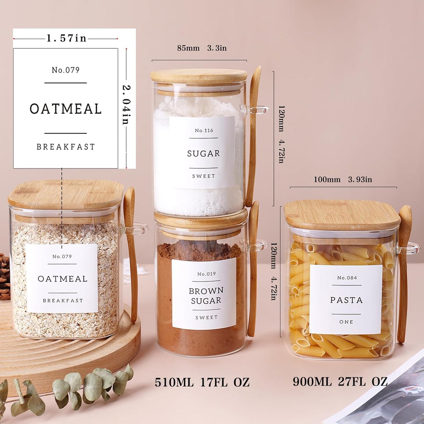 6 Pack Glass Jars with Bamboo Lid and Spoons - 17Oz/27Oz Borosilicate Glass Jars with 132 Pantry Labels - for Coffee Beans, Tea, Sugar & More