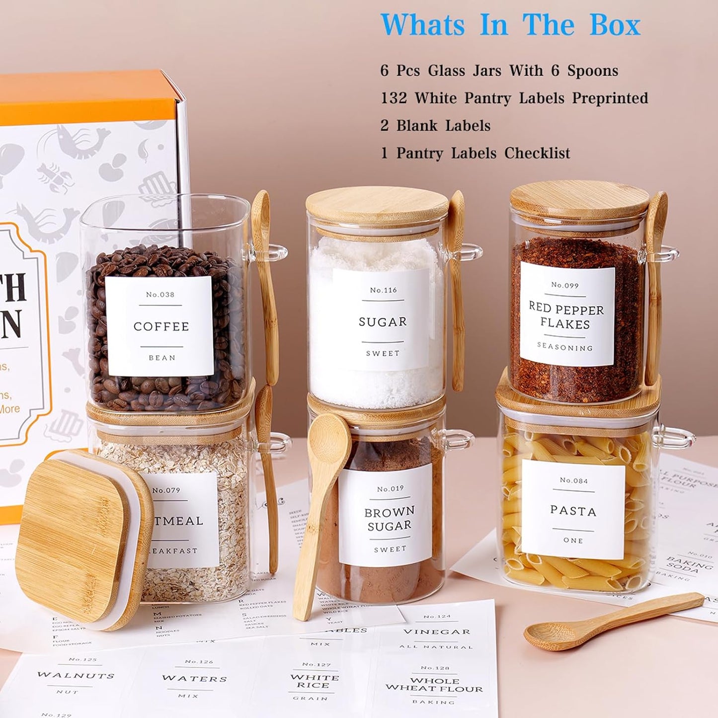 6 Pack Glass Jars with Bamboo Lid and Spoons - 17Oz/27Oz Borosilicate Glass Jars with 132 Pantry Labels - for Coffee Beans, Tea, Sugar & More