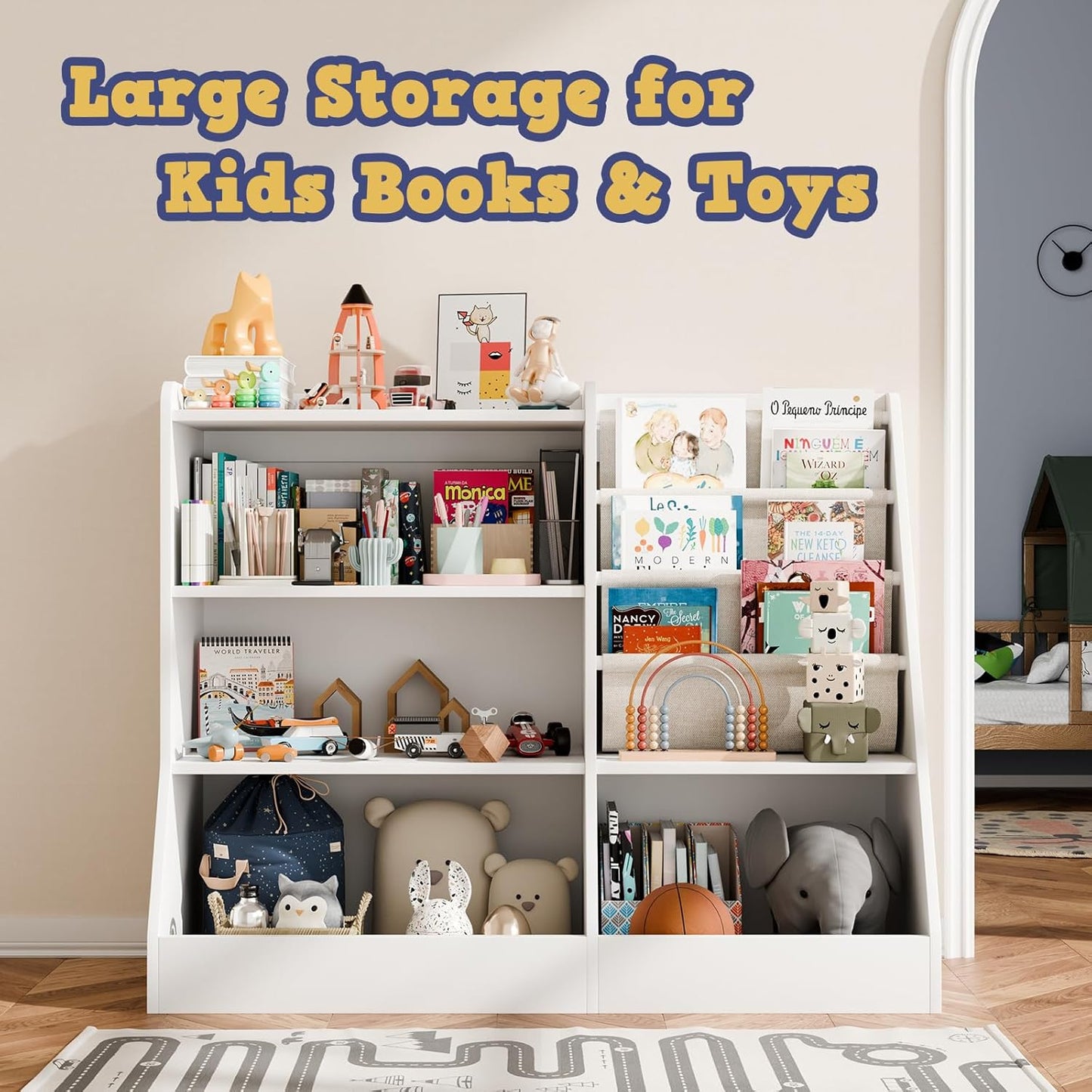 39" Large Kids Wooden Bookshelf and Toy Storage Organizer, Baby Bookcase with Sling Book Rack, Children Toddler Wooden Book Shelf for Kids Rooms, Playroom, Classroom, Nursery, School (White)