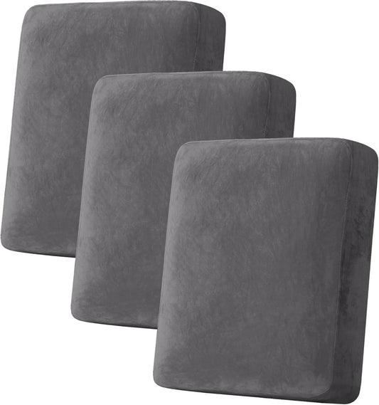 H.VERSAILTEX Velvet Stretch Couch Cushion Cover Plush Cushion Slipcover for Chair Loveseat Sofa Cushion Furniture Protector Seat Cushion Sofa Cover (3 Piece Sofa Cushion Covers, Grey)