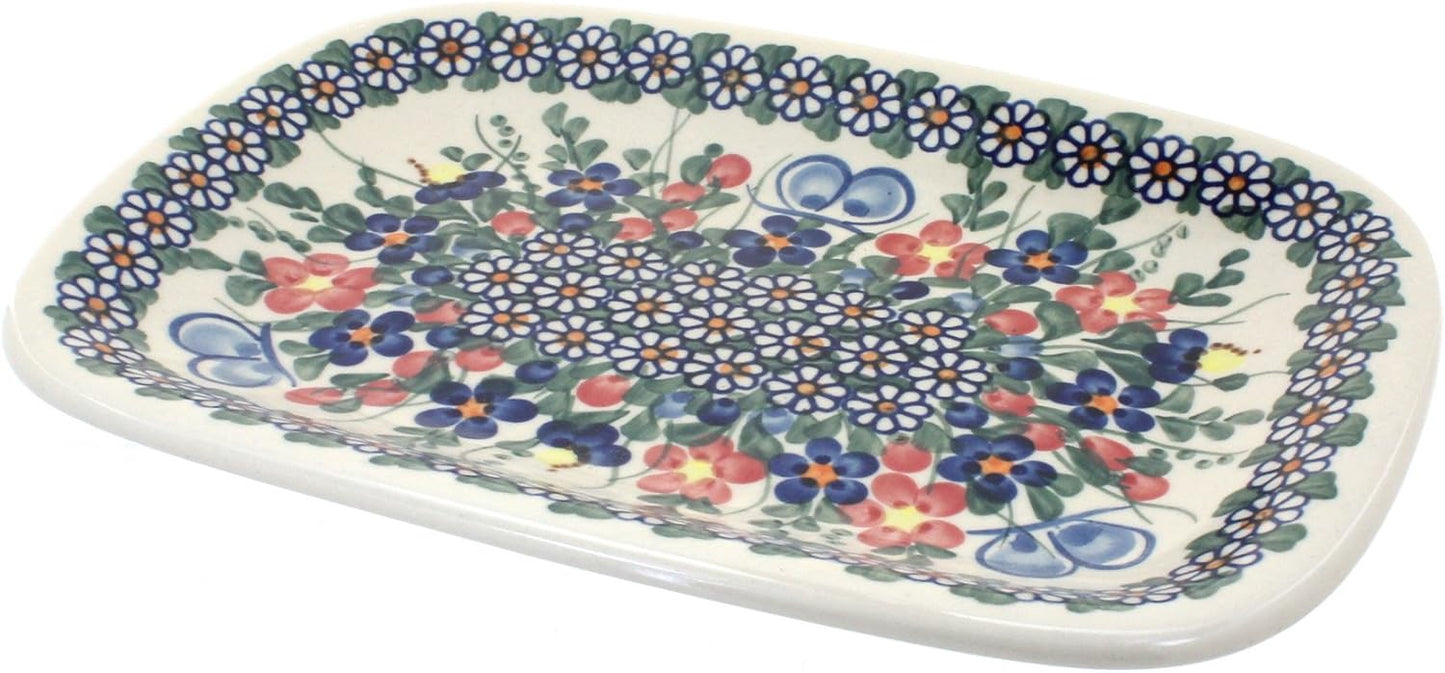 Blue Rose Polish Pottery Garden Butterfly Small Rectangular Serving Platter
