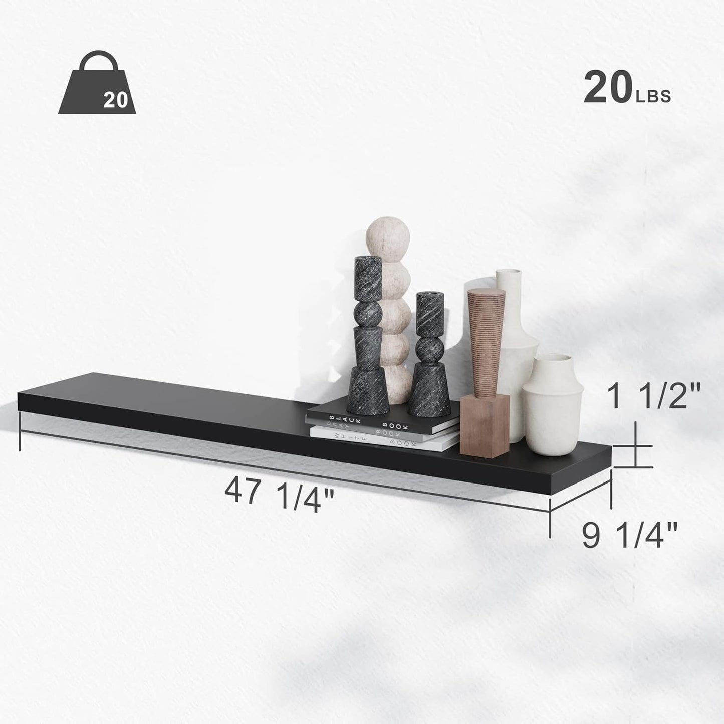 BAMEOS Floating Shelves, Black Wall Mounted Wooden Shelves with Invisible Brackets Set of 2,47 x 9