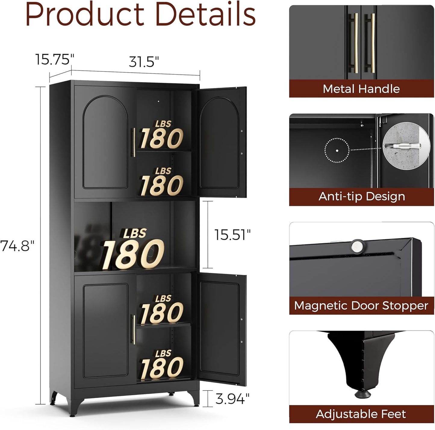 75" Tall Kitchen Pantry Storage Cabinet, Metal Storage Cabinets with 4 Doors and Adjustable Shelves, Black Kitchen Hutch Cabinet with Microwave Stand, Large Cupboard for Dining Living Room